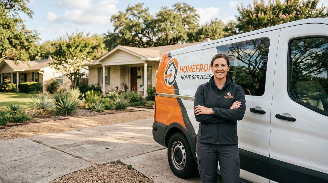High-end commercial stock photography of a a confident female technician standing with arms crossed beside a branded service truck in a home driveway  in . Bright, natural daylight, soft diffused lighting. Modern, clean aesthetic. The subject is wearing a clean plain uniform with no logos. Shot on a DSLR, 50mm lens, shallow depth of field with the background slightly blurred. High resolution, photorealistic, optimistic, professional and trustworthy vibe. Absolutely no text, logos, labels, brand marks, signage, watermarks, license plates, or written words of any kind anywhere in the image. Uniforms, vans, tools, and any background objects must be completely plain and unbranded. Compose the shot with the main focal point positioned slightly to the right of center, leaving negative space on the left side of the frame. Site context: Homefront Home Services, a general home-services company in Austin, Texas (repairs, installations, maintenance plans, emergency service, inspections, remodels). Warm Central-Texas light, ranch and bungalow homes, technicians in charcoal-gray uniforms with a subtle orange logo.