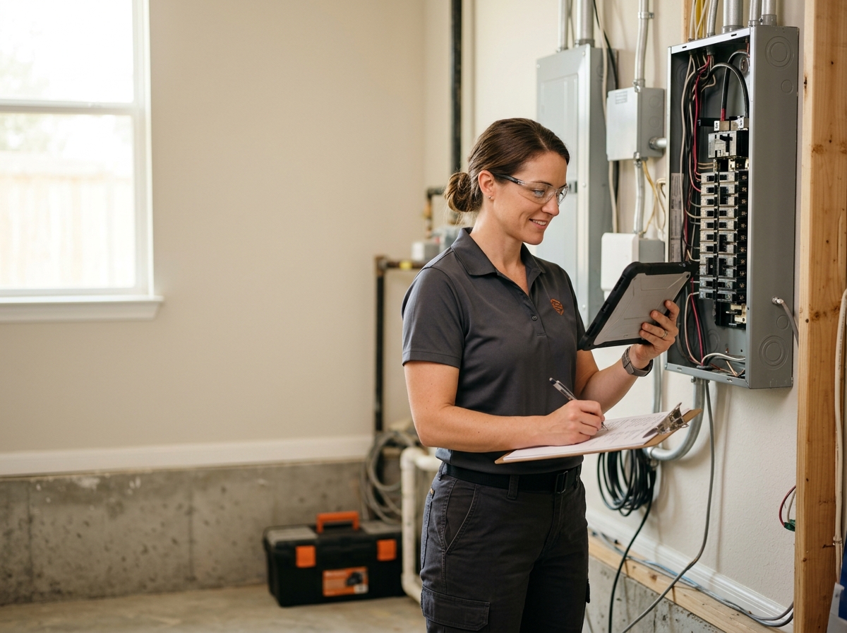 High-end commercial stock photography of a a female inspector photographing an electrical panel on a tablet while taking notes in a utility room  in . Bright, natural daylight, soft diffused lighting. Modern, clean aesthetic. The subject is wearing a clean plain uniform with no logos. Shot on a DSLR, 50mm lens, shallow depth of field with the background slightly blurred. High resolution, photorealistic, optimistic, professional and trustworthy vibe. Absolutely no text, logos, labels, brand marks, signage, watermarks, license plates, or written words of any kind anywhere in the image. Uniforms, vans, tools, and any background objects must be completely plain and unbranded. Compose the shot with the main focal point positioned slightly to the right of center, leaving negative space on the left side of the frame. Site context: Homefront Home Services, a general home-services company in Austin, Texas (repairs, installations, maintenance plans, emergency service, inspections, remodels). Warm Central-Texas light, ranch and bungalow homes, technicians in charcoal-gray uniforms with a subtle orange logo. Framing: Wide content photo in a rounded panel, object-cover. Single clear subject, center-weighted.
