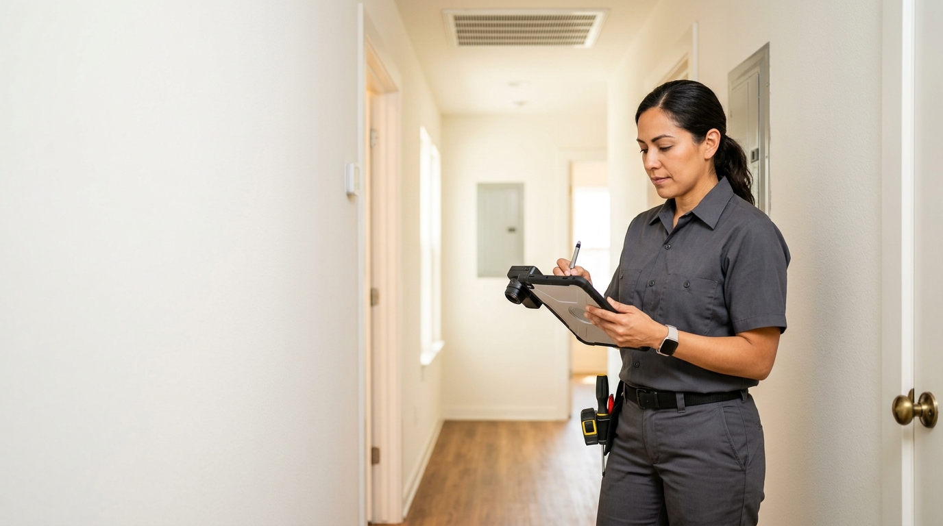 High-end commercial stock photography of a a female inspector photographing and noting the condition of home systems on a tablet in a hallway  in . Bright, natural daylight, soft diffused lighting. Modern, clean aesthetic. The subject is wearing a clean plain uniform with no logos. Shot on a DSLR, 50mm lens, shallow depth of field with the background slightly blurred. High resolution, photorealistic, optimistic, professional and trustworthy vibe. Absolutely no text, logos, labels, brand marks, signage, watermarks, license plates, or written words of any kind anywhere in the image. Uniforms, vans, tools, and any background objects must be completely plain and unbranded. Compose the shot with the main focal point positioned slightly to the right of center, leaving negative space on the left side of the frame. Site context: Homefront Home Services, a general home-services company in Austin, Texas (repairs, installations, maintenance plans, emergency service, inspections, remodels). Warm Central-Texas light, ranch and bungalow homes, technicians in charcoal-gray uniforms with a subtle orange logo.