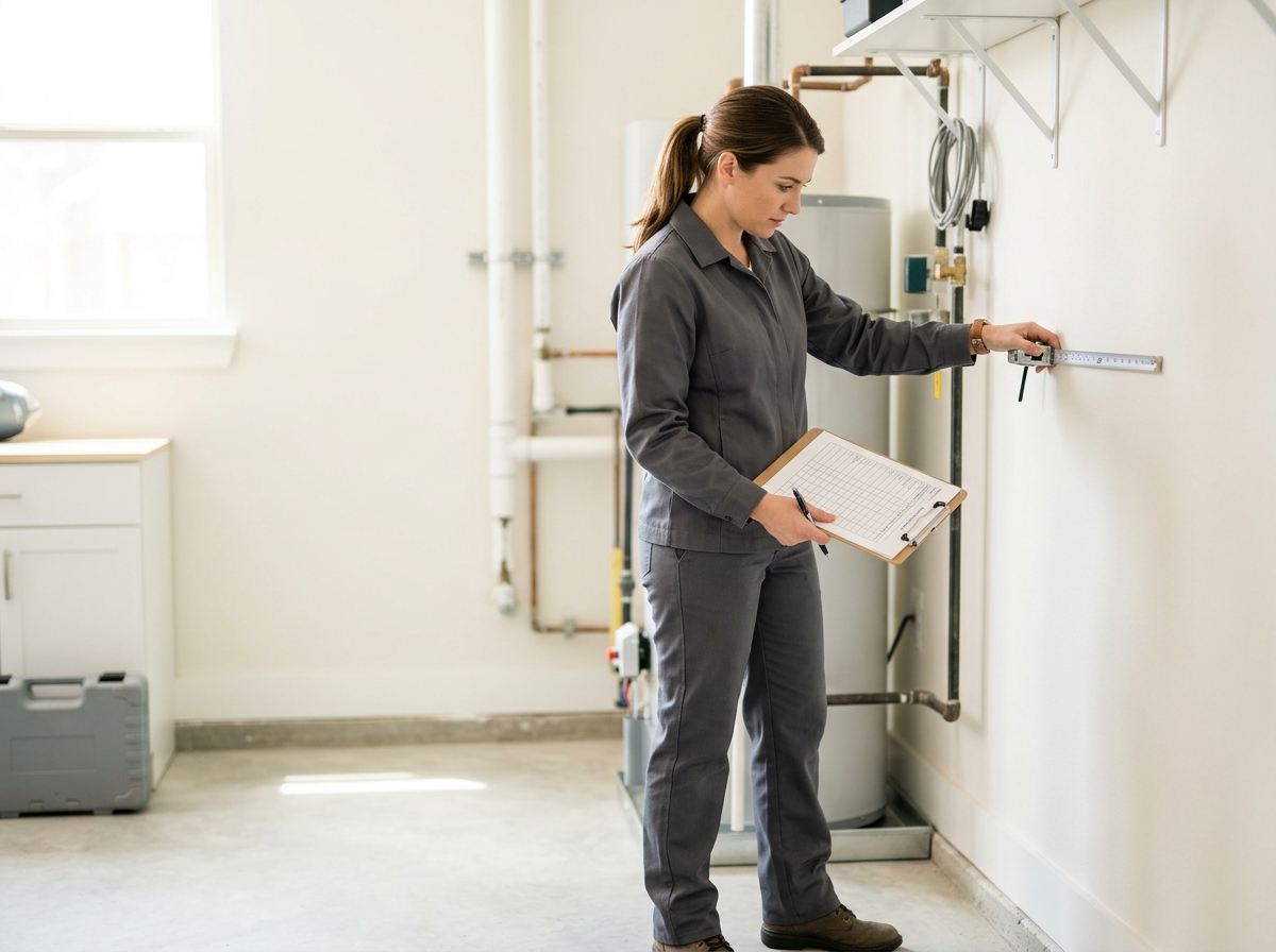 High-end commercial stock photography of a a female installer measuring a space and reviewing a sizing worksheet before an install in a bright utility room  in . Bright, natural daylight, soft diffused lighting. Modern, clean aesthetic. The subject is wearing a clean plain uniform with no logos. Shot on a DSLR, 50mm lens, shallow depth of field with the background slightly blurred. High resolution, photorealistic, optimistic, professional and trustworthy vibe. Absolutely no text, logos, labels, brand marks, signage, watermarks, license plates, or written words of any kind anywhere in the image. Uniforms, vans, tools, and any background objects must be completely plain and unbranded. Compose the shot with the main focal point positioned slightly to the right of center, leaving negative space on the left side of the frame. Site context: Homefront Home Services, a general home-services company in Austin, Texas (repairs, installations, maintenance plans, emergency service, inspections, remodels). Warm Central-Texas light, ranch and bungalow homes, technicians in charcoal-gray uniforms with a subtle orange logo. Framing: Alternating side photo, object-cover. Single clear subject, center-weighted.