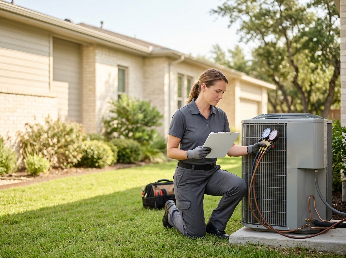 High-end commercial stock photography of a a female technician checking an outdoor hvac condenser with a clipboard and gauges during a seasonal tune-up beside a sunlit home  in . Bright, natural daylight, soft diffused lighting. Modern, clean aesthetic. The subject is wearing a clean plain uniform with no logos. Shot on a DSLR, 50mm lens, shallow depth of field with the background slightly blurred. High resolution, photorealistic, optimistic, professional and trustworthy vibe. Absolutely no text, logos, labels, brand marks, signage, watermarks, license plates, or written words of any kind anywhere in the image. Uniforms, vans, tools, and any background objects must be completely plain and unbranded. Compose the shot with the main focal point positioned slightly to the right of center, leaving negative space on the left side of the frame. Site context: Homefront Home Services, a general home-services company in Austin, Texas (repairs, installations, maintenance plans, emergency service, inspections, remodels). Warm Central-Texas light, ranch and bungalow homes, technicians in charcoal-gray uniforms with a subtle orange logo. Framing: Wide content photo in a rounded panel, object-cover. Single clear subject, center-weighted.