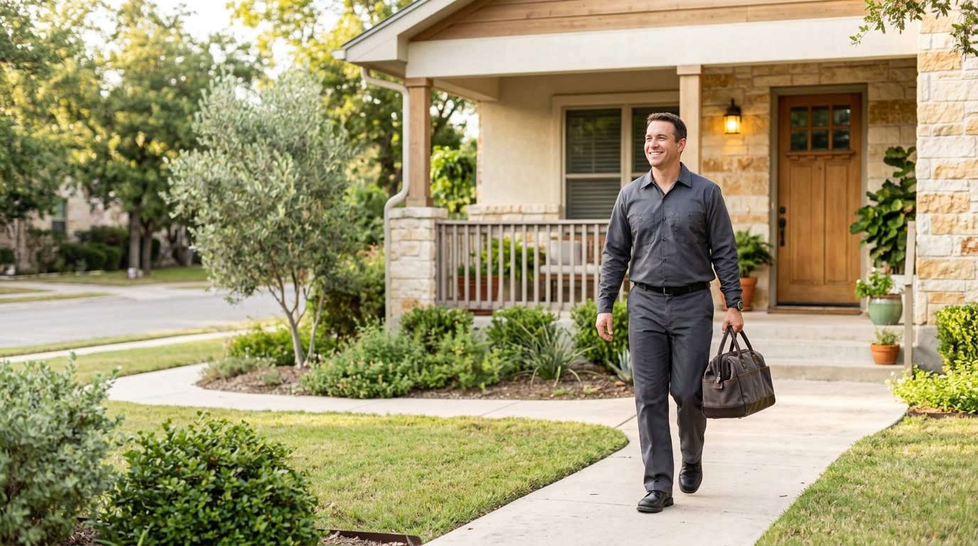 High-end commercial stock photography of a a friendly technician walking up the front path with a tool bag toward the porch of a sunlit bungalow  in . Bright, natural daylight, soft diffused lighting. Modern, clean aesthetic. The subject is wearing a clean plain uniform with no logos. Shot on a DSLR, 50mm lens, shallow depth of field with the background slightly blurred. High resolution, photorealistic, optimistic, professional and trustworthy vibe. Absolutely no text, logos, labels, brand marks, signage, watermarks, license plates, or written words of any kind anywhere in the image. Uniforms, vans, tools, and any background objects must be completely plain and unbranded. Compose the shot with the main focal point positioned slightly to the right of center, leaving negative space on the left side of the frame. Site context: Homefront Home Services, a general home-services company in Austin, Texas (repairs, installations, maintenance plans, emergency service, inspections, remodels). Warm Central-Texas light, ranch and bungalow homes, technicians in charcoal-gray uniforms with a subtle orange logo.