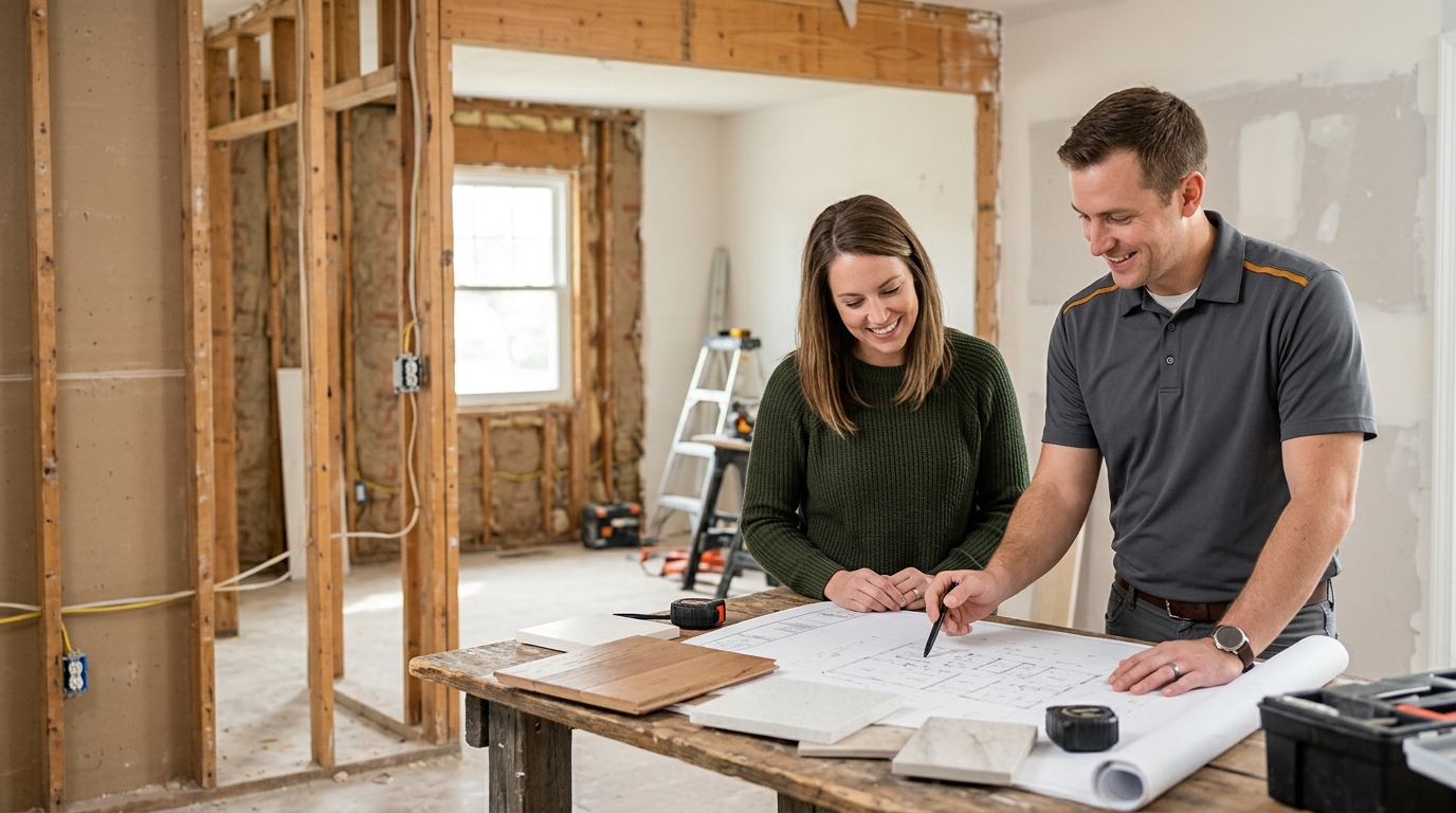 High-end commercial stock photography of a a homeowner and a keystone project lead reviewing upgrade plans and material samples spread across a table in a home mid-renovation with exposed wall studs  in . Bright, natural daylight, soft diffused lighting. Modern, clean aesthetic. The subject is wearing a clean plain uniform with no logos. Shot on a DSLR, 50mm lens, shallow depth of field with the background slightly blurred. High resolution, photorealistic, optimistic, professional and trustworthy vibe. Absolutely no text, logos, labels, brand marks, signage, watermarks, license plates, or written words of any kind anywhere in the image. Uniforms, vans, tools, and any background objects must be completely plain and unbranded. Compose the shot with the main focal point positioned slightly to the right of center, leaving negative space on the left side of the frame. Site context: Keystone, a credentials-led home-services company in Columbus, Ohio. Midwestern four-season feel, red-brick colonial and Craftsman homes, technicians in charcoal-grey uniforms with an amber accent stripe.