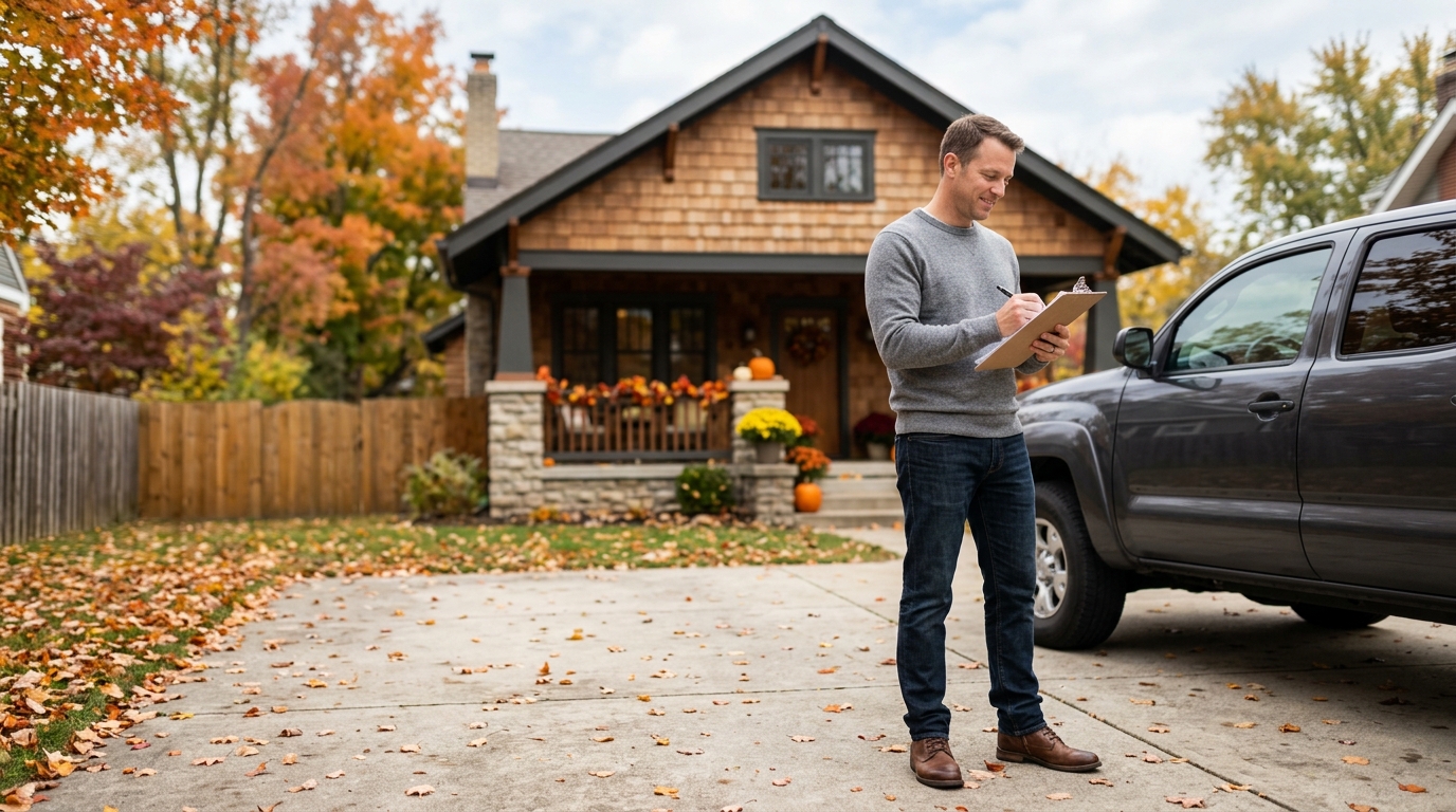 High-end commercial stock photography of a a homeowner in casual clothes working through a seasonal home-maintenance checklist on a clipboard in the driveway of a craftsman home with autumn leaves on the ground  in . Bright, natural daylight, soft diffused lighting. Modern, clean aesthetic. The subject is wearing a clean plain uniform with no logos. Shot on a DSLR, 50mm lens, shallow depth of field with the background slightly blurred. High resolution, photorealistic, optimistic, professional and trustworthy vibe. Absolutely no text, logos, labels, brand marks, signage, watermarks, license plates, or written words of any kind anywhere in the image. Uniforms, vans, tools, and any background objects must be completely plain and unbranded. Compose the shot with the main focal point positioned slightly to the right of center, leaving negative space on the left side of the frame. Site context: Keystone, a credentials-led home-services company in Columbus, Ohio. Midwestern four-season feel, red-brick colonial and Craftsman homes, technicians in charcoal-grey uniforms with an amber accent stripe.