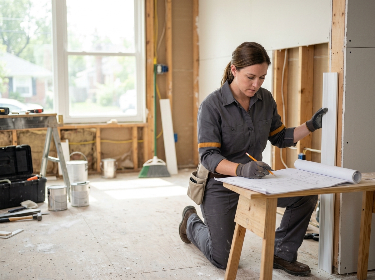 High-end commercial stock photography of a a keystone craftsman in a charcoal-grey uniform reviewing plans while finishing crisp trim work in a sunlit room mid-remodel with exposed framing  in . Bright, natural daylight, soft diffused lighting. Modern, clean aesthetic. The subject is wearing a clean plain uniform with no logos. Shot on a DSLR, 50mm lens, shallow depth of field with the background slightly blurred. High resolution, photorealistic, optimistic, professional and trustworthy vibe. Absolutely no text, logos, labels, brand marks, signage, watermarks, license plates, or written words of any kind anywhere in the image. Uniforms, vans, tools, and any background objects must be completely plain and unbranded. Compose the shot with the main focal point positioned slightly to the right of center, leaving negative space on the left side of the frame. Site context: Keystone, a credentials-led home-services company in Columbus, Ohio. Midwestern four-season feel, red-brick colonial and Craftsman homes, technicians in charcoal-grey uniforms with an amber accent stripe. Framing: Wide content photo in a rounded panel, object-cover. Single clear subject, center-weighted.