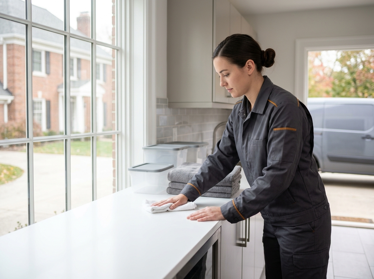 High-end commercial stock photography of a a keystone technician in a charcoal-grey uniform wiping down and tidying a freshly completed work area in the clean utility space of a suburban home  in . Bright, natural daylight, soft diffused lighting. Modern, clean aesthetic. The subject is wearing a clean plain uniform with no logos. Shot on a DSLR, 50mm lens, shallow depth of field with the background slightly blurred. High resolution, photorealistic, optimistic, professional and trustworthy vibe. Absolutely no text, logos, labels, brand marks, signage, watermarks, license plates, or written words of any kind anywhere in the image. Uniforms, vans, tools, and any background objects must be completely plain and unbranded. Compose the shot with the main focal point positioned slightly to the right of center, leaving negative space on the left side of the frame. Site context: Keystone, a credentials-led home-services company in Columbus, Ohio. Midwestern four-season feel, red-brick colonial and Craftsman homes, technicians in charcoal-grey uniforms with an amber accent stripe. Framing: Alternating side photo, object-cover. Single clear subject, center-weighted.