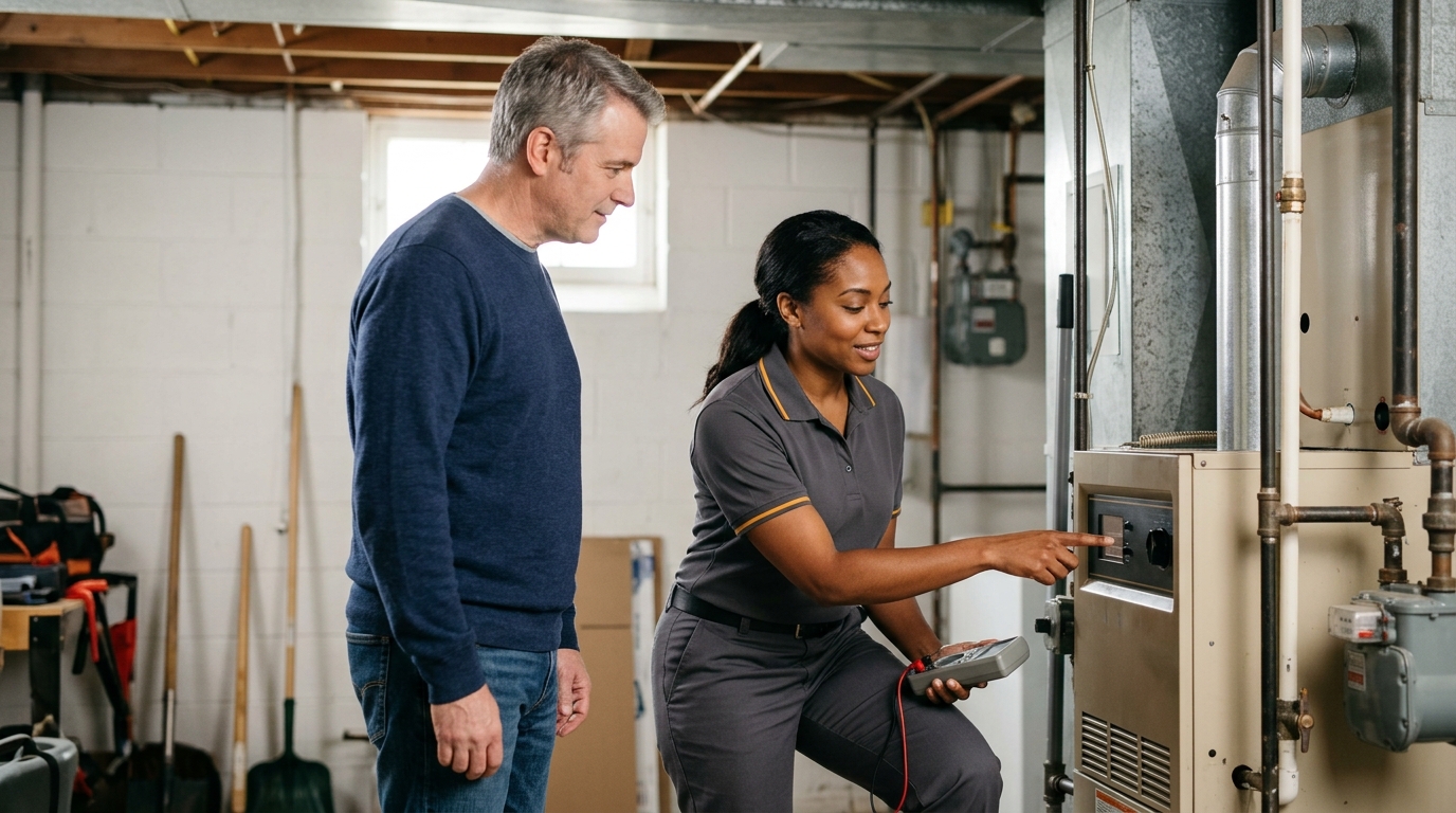 High-end commercial stock photography of a a keystone technician in a charcoal-grey uniform assessing an aging home system while a homeowner looks on in the basement of a columbus home  in . Bright, natural daylight, soft diffused lighting. Modern, clean aesthetic. The subject is wearing a clean plain uniform with no logos. Shot on a DSLR, 50mm lens, shallow depth of field with the background slightly blurred. High resolution, photorealistic, optimistic, professional and trustworthy vibe. Absolutely no text, logos, labels, brand marks, signage, watermarks, license plates, or written words of any kind anywhere in the image. Uniforms, vans, tools, and any background objects must be completely plain and unbranded. Compose the shot with the main focal point positioned slightly to the right of center, leaving negative space on the left side of the frame. Site context: Keystone, a credentials-led home-services company in Columbus, Ohio. Midwestern four-season feel, red-brick colonial and Craftsman homes, technicians in charcoal-grey uniforms with an amber accent stripe.