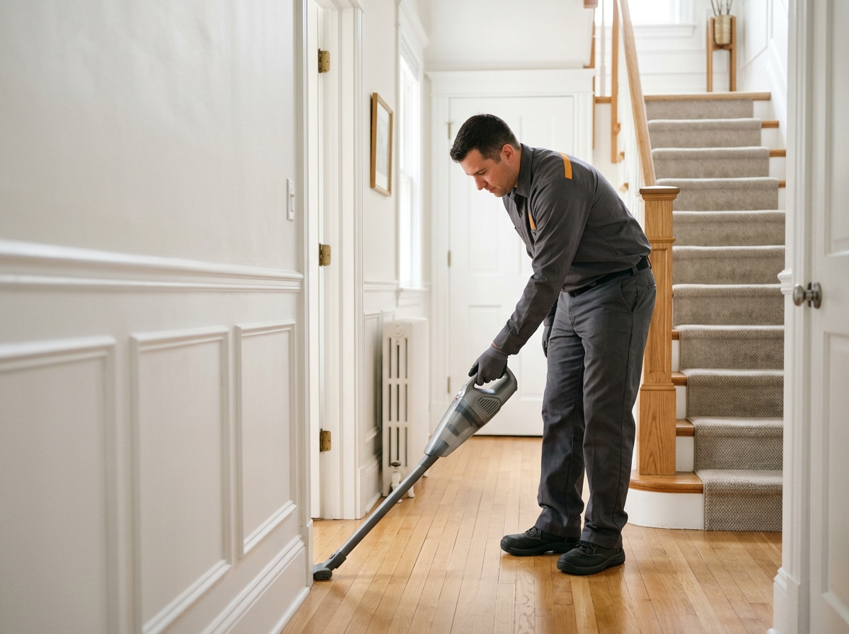 High-end commercial stock photography of a a keystone technician in a charcoal-grey uniform vacuuming and tidying up after finishing a job in the spotless hallway of a midwestern home  in . Bright, natural daylight, soft diffused lighting. Modern, clean aesthetic. The subject is wearing a clean plain uniform with no logos. Shot on a DSLR, 50mm lens, shallow depth of field with the background slightly blurred. High resolution, photorealistic, optimistic, professional and trustworthy vibe. Absolutely no text, logos, labels, brand marks, signage, watermarks, license plates, or written words of any kind anywhere in the image. Uniforms, vans, tools, and any background objects must be completely plain and unbranded. Compose the shot with the main focal point positioned slightly to the right of center, leaving negative space on the left side of the frame. Site context: Keystone, a credentials-led home-services company in Columbus, Ohio. Midwestern four-season feel, red-brick colonial and Craftsman homes, technicians in charcoal-grey uniforms with an amber accent stripe. Framing: Alternating side photo, object-cover. Single clear subject, center-weighted.