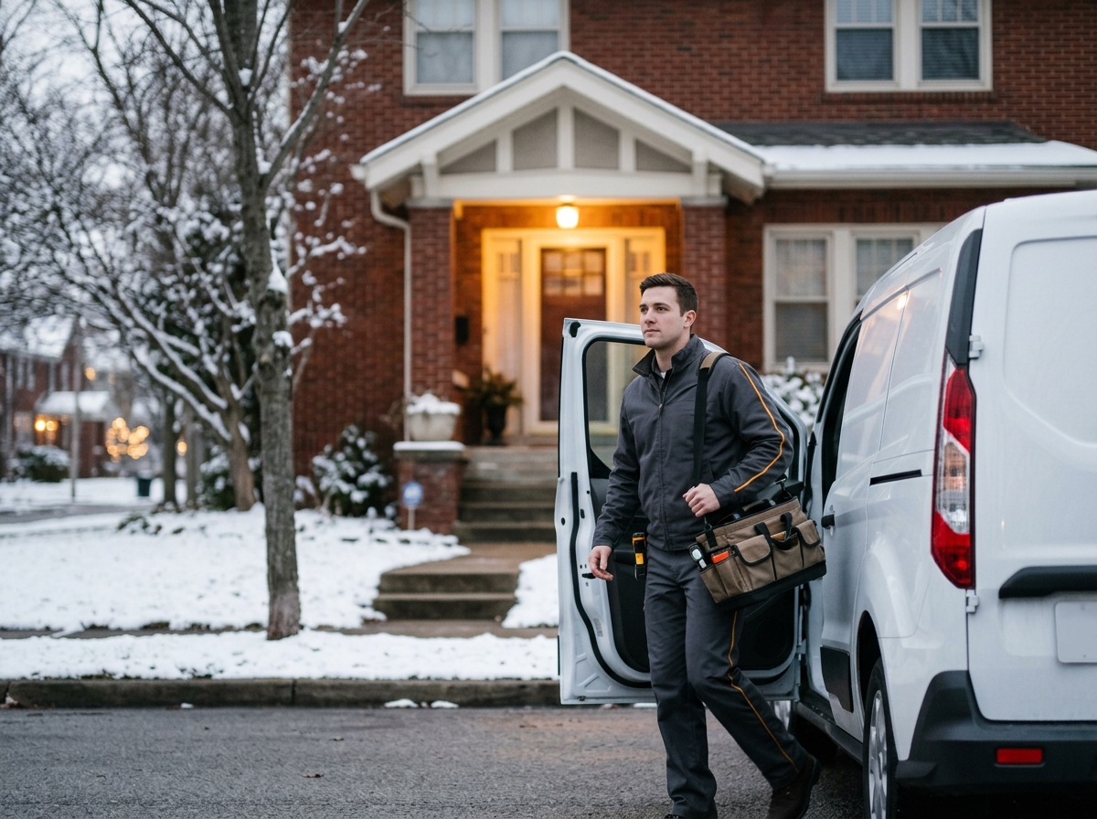 High-end commercial stock photography of a a keystone technician in a charcoal-grey uniform stepping briskly from a service van with a flashlight and tool bag outside a suburban columbus home under a glowing porch light on a snowy winter evening  in . Bright, natural daylight, soft diffused lighting. Modern, clean aesthetic. The subject is wearing a clean plain uniform with no logos. Shot on a DSLR, 50mm lens, shallow depth of field with the background slightly blurred. High resolution, photorealistic, optimistic, professional and trustworthy vibe. Absolutely no text, logos, labels, brand marks, signage, watermarks, license plates, or written words of any kind anywhere in the image. Uniforms, vans, tools, and any background objects must be completely plain and unbranded. Compose the shot with the main focal point positioned slightly to the right of center, leaving negative space on the left side of the frame. Site context: Keystone, a credentials-led home-services company in Columbus, Ohio. Midwestern four-season feel, red-brick colonial and Craftsman homes, technicians in charcoal-grey uniforms with an amber accent stripe. Framing: Wide content photo in a rounded panel, object-cover. Single clear subject, center-weighted.