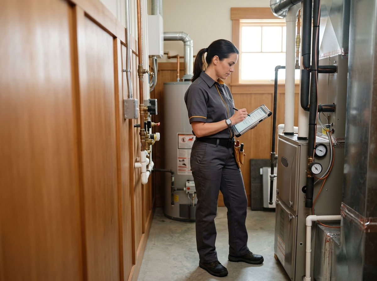 High-end commercial stock photography of a a methodical female technician in a charcoal-grey keystone uniform checking items off a seasonal maintenance list on a tablet beside home equipment in the tidy mechanical room of a craftsman home  in . Bright, natural daylight, soft diffused lighting. Modern, clean aesthetic. The subject is wearing a clean plain uniform with no logos. Shot on a DSLR, 50mm lens, shallow depth of field with the background slightly blurred. High resolution, photorealistic, optimistic, professional and trustworthy vibe. Absolutely no text, logos, labels, brand marks, signage, watermarks, license plates, or written words of any kind anywhere in the image. Uniforms, vans, tools, and any background objects must be completely plain and unbranded. Compose the shot with the main focal point positioned slightly to the right of center, leaving negative space on the left side of the frame. Site context: Keystone, a credentials-led home-services company in Columbus, Ohio. Midwestern four-season feel, red-brick colonial and Craftsman homes, technicians in charcoal-grey uniforms with an amber accent stripe. Framing: Wide content photo in a rounded panel, object-cover. Single clear subject, center-weighted.