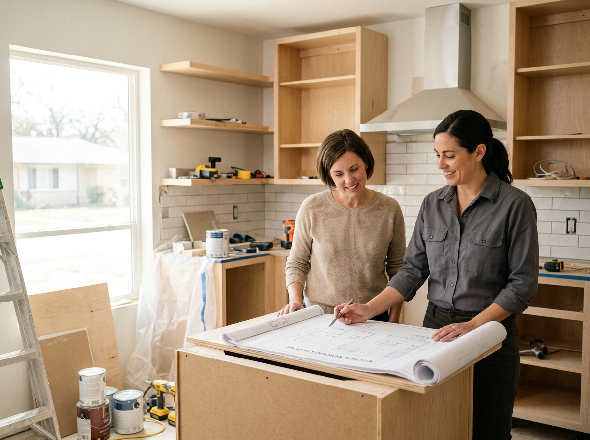 High-end commercial stock photography of a a project lead reviewing plans with a homeowner amid a kitchen renovation in a half-finished home  in . Bright, natural daylight, soft diffused lighting. Modern, clean aesthetic. The subject is wearing a clean plain uniform with no logos. Shot on a DSLR, 50mm lens, shallow depth of field with the background slightly blurred. High resolution, photorealistic, optimistic, professional and trustworthy vibe. Absolutely no text, logos, labels, brand marks, signage, watermarks, license plates, or written words of any kind anywhere in the image. Uniforms, vans, tools, and any background objects must be completely plain and unbranded. Compose the shot with the main focal point positioned slightly to the right of center, leaving negative space on the left side of the frame. Site context: Homefront Home Services, a general home-services company in Austin, Texas (repairs, installations, maintenance plans, emergency service, inspections, remodels). Warm Central-Texas light, ranch and bungalow homes, technicians in charcoal-gray uniforms with a subtle orange logo. Framing: Alternating side photo, object-cover. Single clear subject, center-weighted.
