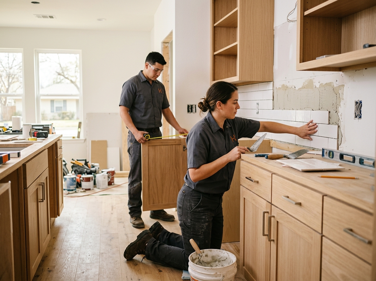 High-end commercial stock photography of a a remodeling crew installing new cabinetry and tile during a kitchen renovation in a bright, half-finished home  in . Bright, natural daylight, soft diffused lighting. Modern, clean aesthetic. The subject is wearing a clean plain uniform with no logos. Shot on a DSLR, 50mm lens, shallow depth of field with the background slightly blurred. High resolution, photorealistic, optimistic, professional and trustworthy vibe. Absolutely no text, logos, labels, brand marks, signage, watermarks, license plates, or written words of any kind anywhere in the image. Uniforms, vans, tools, and any background objects must be completely plain and unbranded. Compose the shot with the main focal point positioned slightly to the right of center, leaving negative space on the left side of the frame. Site context: Homefront Home Services, a general home-services company in Austin, Texas (repairs, installations, maintenance plans, emergency service, inspections, remodels). Warm Central-Texas light, ranch and bungalow homes, technicians in charcoal-gray uniforms with a subtle orange logo. Framing: Wide content photo in a rounded panel, object-cover. Single clear subject, center-weighted.