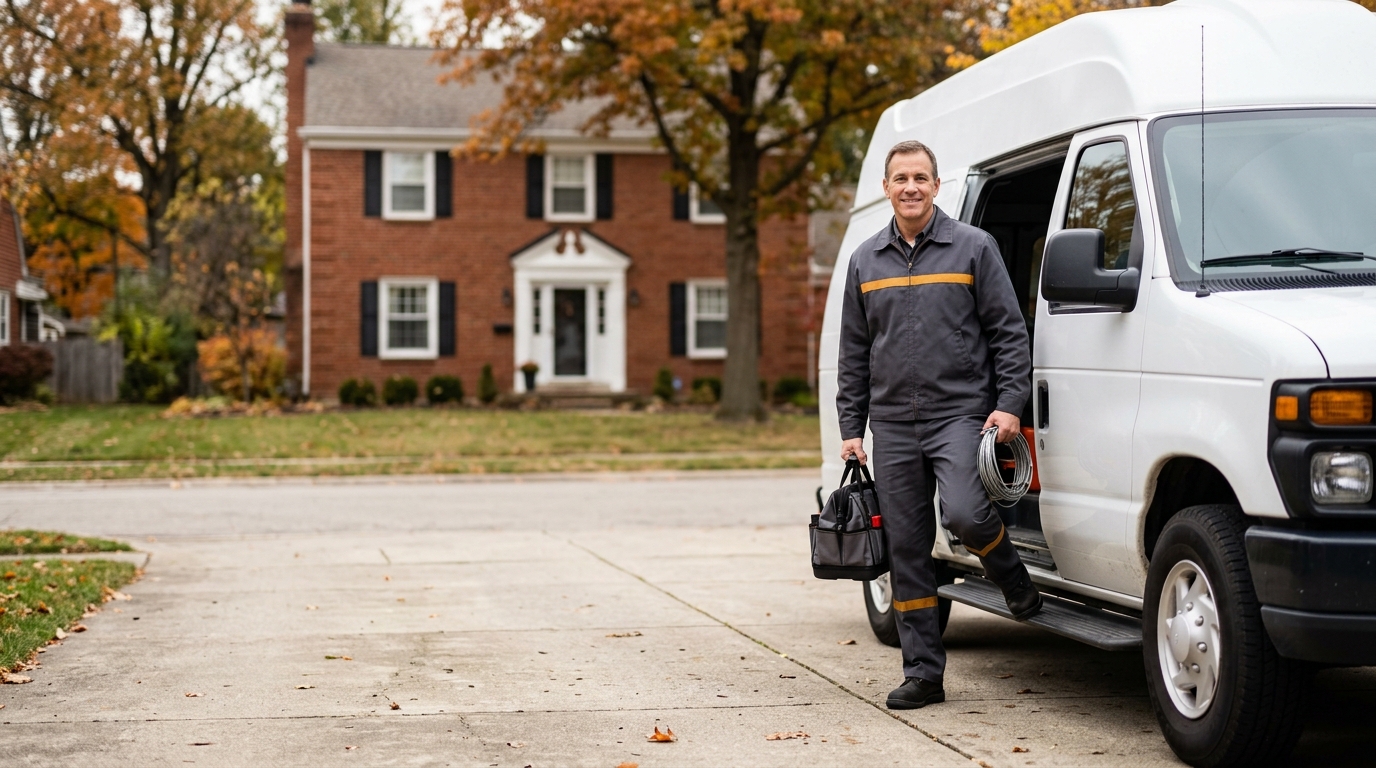High-end commercial stock photography of a a seasoned home-services technician in a charcoal-grey keystone uniform with an amber accent stripe stepping down from a service van with a tool bag and greeting the camera confidently on the driveway of a red-brick colonial home on a crisp autumn afternoon in columbus  in . Bright, natural daylight, soft diffused lighting. Modern, clean aesthetic. The subject is wearing a clean plain uniform with no logos. Shot on a DSLR, 50mm lens, shallow depth of field with the background slightly blurred. High resolution, photorealistic, optimistic, professional and trustworthy vibe. Absolutely no text, logos, labels, brand marks, signage, watermarks, license plates, or written words of any kind anywhere in the image. Uniforms, vans, tools, and any background objects must be completely plain and unbranded. Compose the shot with the main focal point positioned slightly to the right of center, leaving negative space on the left side of the frame. Site context: Keystone, a credentials-led home-services company in Columbus, Ohio. Midwestern four-season feel, red-brick colonial and Craftsman homes, technicians in charcoal-grey uniforms with an amber accent stripe. Framing: Full-bleed hero background under a dark vertical gradient. The headline, badge and CTAs occupy the left half of the frame, so compose with the subject in the RIGHT half — clearly right of center — and let the left half read as calm negative space (sky, street, soft background). Wide establishing shot; subject fully inside the right third to right half.