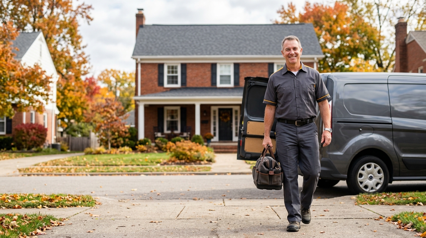 High-end commercial stock photography of a a seasoned home-services technician in a charcoal-grey keystone uniform with an amber accent stripe stepping down from a service van with a tool bag and greeting the camera confidently on the driveway of a red-brick colonial home on a crisp autumn afternoon in columbus  in . Bright, natural daylight, soft diffused lighting. Modern, clean aesthetic. The subject is wearing a clean plain uniform with no logos. Shot on a DSLR, 50mm lens, shallow depth of field with the background slightly blurred. High resolution, photorealistic, optimistic, professional and trustworthy vibe. Absolutely no text, logos, labels, brand marks, signage, watermarks, license plates, or written words of any kind anywhere in the image. Uniforms, vans, tools, and any background objects must be completely plain and unbranded. Compose the shot with the main focal point positioned slightly to the right of center, leaving negative space on the left side of the frame. Site context: Keystone, a credentials-led home-services company in Columbus, Ohio. Midwestern four-season feel, red-brick colonial and Craftsman homes, technicians in charcoal-grey uniforms with an amber accent stripe. Framing: Full-bleed hero background under a dark vertical gradient. The headline, badge and CTAs occupy the left half of the frame, so compose with the subject clearly in the right half and keep the left half as calm negative space. Wide establishing shot; nothing critical left of center.