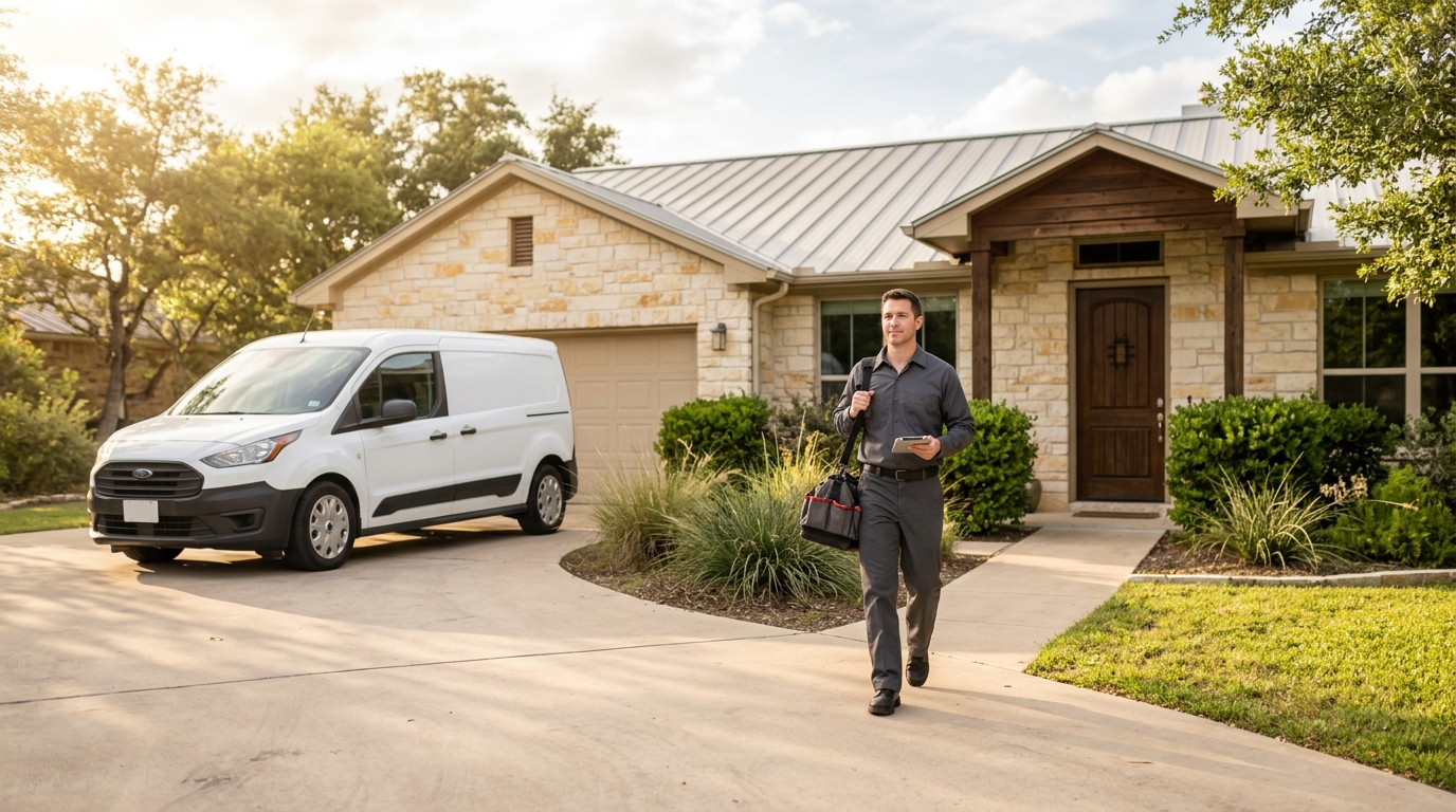 High-end commercial stock photography of a a service van parked in the driveway while a technician carries a tool bag toward the front door of a limestone ranch home in warm late-afternoon light  in . Bright, natural daylight, soft diffused lighting. Modern, clean aesthetic. The subject is wearing a clean plain uniform with no logos. Shot on a DSLR, 50mm lens, shallow depth of field with the background slightly blurred. High resolution, photorealistic, optimistic, professional and trustworthy vibe. Absolutely no text, logos, labels, brand marks, signage, watermarks, license plates, or written words of any kind anywhere in the image. Uniforms, vans, tools, and any background objects must be completely plain and unbranded. Compose the shot with the main focal point positioned slightly to the right of center, leaving negative space on the left side of the frame. Site context: Homefront Home Services, a general home-services company in Austin, Texas (repairs, installations, maintenance plans, emergency service, inspections, remodels). Warm Central-Texas light, ranch and bungalow homes, technicians in charcoal-gray uniforms with a subtle orange logo. Framing: Full-bleed hero background under a dark left-heavy gradient; a form card covers the right quarter. Wide establishing shot with the subject readable in the center of the frame.