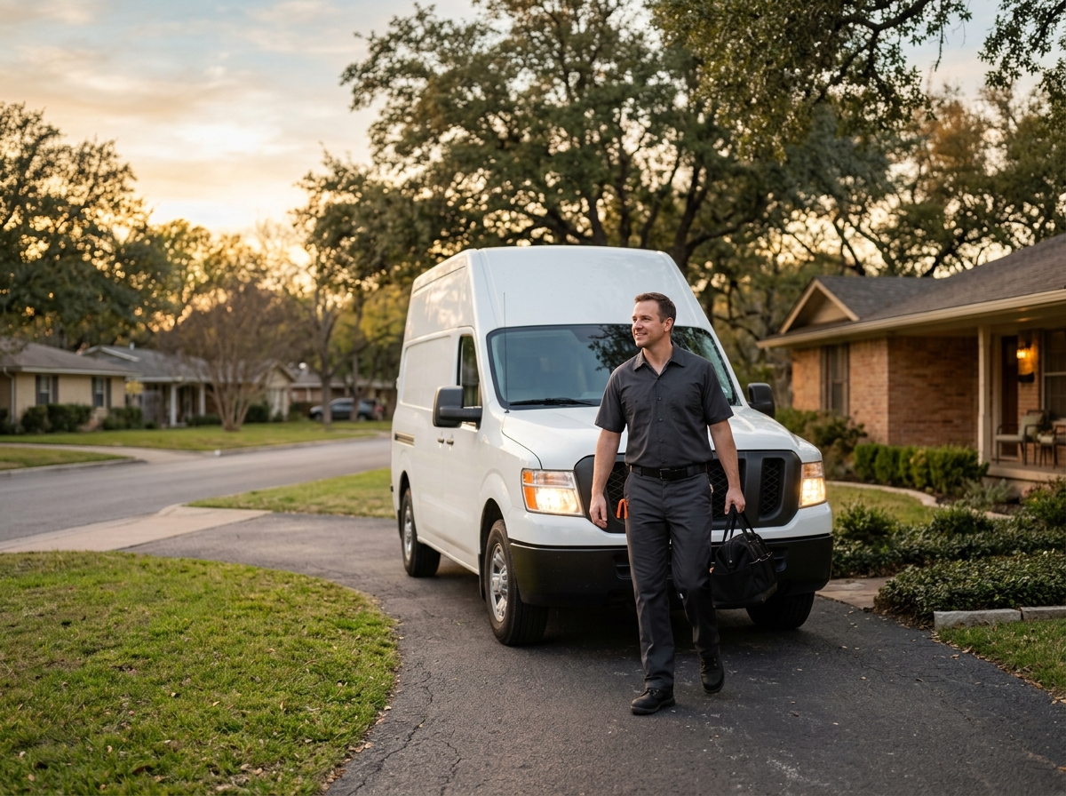 High-end commercial stock photography of a a service van pulling up with its headlights on for an after-hours call in a quiet neighborhood at night  in . Bright, natural daylight, soft diffused lighting. Modern, clean aesthetic. The subject is wearing a clean plain uniform with no logos. Shot on a DSLR, 50mm lens, shallow depth of field with the background slightly blurred. High resolution, photorealistic, optimistic, professional and trustworthy vibe. Absolutely no text, logos, labels, brand marks, signage, watermarks, license plates, or written words of any kind anywhere in the image. Uniforms, vans, tools, and any background objects must be completely plain and unbranded. Compose the shot with the main focal point positioned slightly to the right of center, leaving negative space on the left side of the frame. Site context: Homefront Home Services, a general home-services company in Austin, Texas (repairs, installations, maintenance plans, emergency service, inspections, remodels). Warm Central-Texas light, ranch and bungalow homes, technicians in charcoal-gray uniforms with a subtle orange logo. Framing: Alternating side photo, object-cover. Single clear subject, center-weighted.