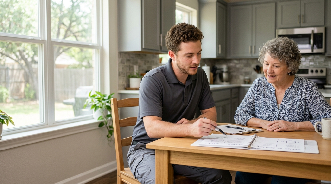 High-end commercial stock photography of a a technician and a homeowner comparing repair-versus-replace options on paper at a kitchen table  in . Bright, natural daylight, soft diffused lighting. Modern, clean aesthetic. The subject is wearing a clean plain uniform with no logos. Shot on a DSLR, 50mm lens, shallow depth of field with the background slightly blurred. High resolution, photorealistic, optimistic, professional and trustworthy vibe. Absolutely no text, logos, labels, brand marks, signage, watermarks, license plates, or written words of any kind anywhere in the image. Uniforms, vans, tools, and any background objects must be completely plain and unbranded. Compose the shot with the main focal point positioned slightly to the right of center, leaving negative space on the left side of the frame. Site context: Homefront Home Services, a general home-services company in Austin, Texas (repairs, installations, maintenance plans, emergency service, inspections, remodels). Warm Central-Texas light, ranch and bungalow homes, technicians in charcoal-gray uniforms with a subtle orange logo.