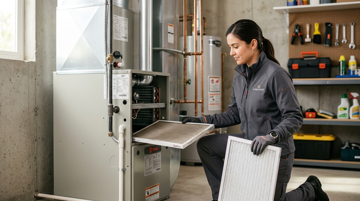 High-end commercial stock photography of a a technician checking a furnace and swapping a filter during a seasonal maintenance visit in a utility room  in . Bright, natural daylight, soft diffused lighting. Modern, clean aesthetic. The subject is wearing a clean plain uniform with no logos. Shot on a DSLR, 50mm lens, shallow depth of field with the background slightly blurred. High resolution, photorealistic, optimistic, professional and trustworthy vibe. Absolutely no text, logos, labels, brand marks, signage, watermarks, license plates, or written words of any kind anywhere in the image. Uniforms, vans, tools, and any background objects must be completely plain and unbranded. Compose the shot with the main focal point positioned slightly to the right of center, leaving negative space on the left side of the frame. Site context: Homefront Home Services, a general home-services company in Austin, Texas (repairs, installations, maintenance plans, emergency service, inspections, remodels). Warm Central-Texas light, ranch and bungalow homes, technicians in charcoal-gray uniforms with a subtle orange logo.