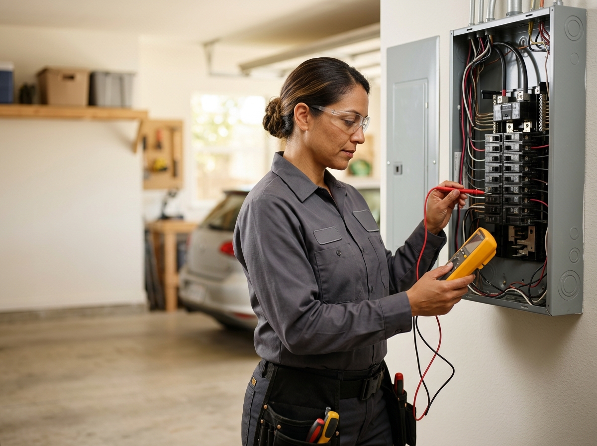 High-end commercial stock photography of a a technician testing a circuit with a multimeter at an open electrical panel in a home garage  in . Bright, natural daylight, soft diffused lighting. Modern, clean aesthetic. The subject is wearing a clean plain uniform with no logos. Shot on a DSLR, 50mm lens, shallow depth of field with the background slightly blurred. High resolution, photorealistic, optimistic, professional and trustworthy vibe. Absolutely no text, logos, labels, brand marks, signage, watermarks, license plates, or written words of any kind anywhere in the image. Uniforms, vans, tools, and any background objects must be completely plain and unbranded. Compose the shot with the main focal point positioned slightly to the right of center, leaving negative space on the left side of the frame. Site context: Homefront Home Services, a general home-services company in Austin, Texas (repairs, installations, maintenance plans, emergency service, inspections, remodels). Warm Central-Texas light, ranch and bungalow homes, technicians in charcoal-gray uniforms with a subtle orange logo. Framing: Alternating side photo, object-cover. Single clear subject, center-weighted.