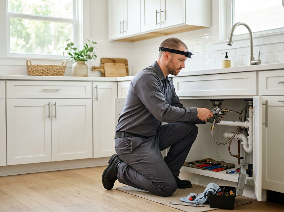 High-end commercial stock photography of a a technician tightening a fitting under a kitchen sink with a headlamp and hand tools in a tidy bungalow kitchen  in . Bright, natural daylight, soft diffused lighting. Modern, clean aesthetic. The subject is wearing a clean plain uniform with no logos. Shot on a DSLR, 50mm lens, shallow depth of field with the background slightly blurred. High resolution, photorealistic, optimistic, professional and trustworthy vibe. Absolutely no text, logos, labels, brand marks, signage, watermarks, license plates, or written words of any kind anywhere in the image. Uniforms, vans, tools, and any background objects must be completely plain and unbranded. Compose the shot with the main focal point positioned slightly to the right of center, leaving negative space on the left side of the frame. Site context: Homefront Home Services, a general home-services company in Austin, Texas (repairs, installations, maintenance plans, emergency service, inspections, remodels). Warm Central-Texas light, ranch and bungalow homes, technicians in charcoal-gray uniforms with a subtle orange logo. Framing: Wide content photo in a rounded panel, object-cover. Single clear subject, center-weighted.