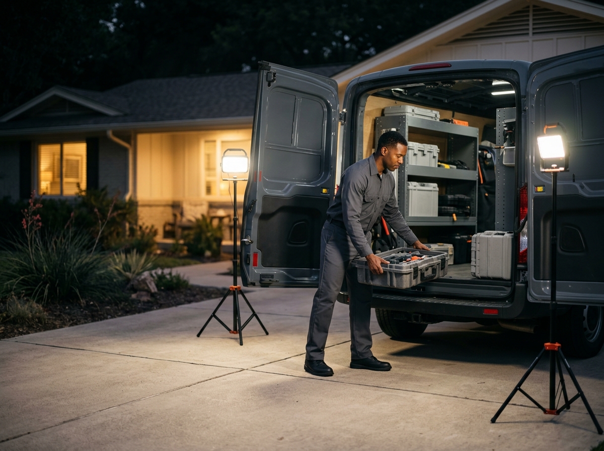 High-end commercial stock photography of a a technician unloading equipment from a branded service van under bright work lights in a home driveway at night  in . Bright, natural daylight, soft diffused lighting. Modern, clean aesthetic. The subject is wearing a clean plain uniform with no logos. Shot on a DSLR, 50mm lens, shallow depth of field with the background slightly blurred. High resolution, photorealistic, optimistic, professional and trustworthy vibe. Absolutely no text, logos, labels, brand marks, signage, watermarks, license plates, or written words of any kind anywhere in the image. Uniforms, vans, tools, and any background objects must be completely plain and unbranded. Compose the shot with the main focal point positioned slightly to the right of center, leaving negative space on the left side of the frame. Site context: Homefront Home Services, a general home-services company in Austin, Texas (repairs, installations, maintenance plans, emergency service, inspections, remodels). Warm Central-Texas light, ranch and bungalow homes, technicians in charcoal-gray uniforms with a subtle orange logo. Framing: Wide content photo in a rounded panel, object-cover. Single clear subject, center-weighted.