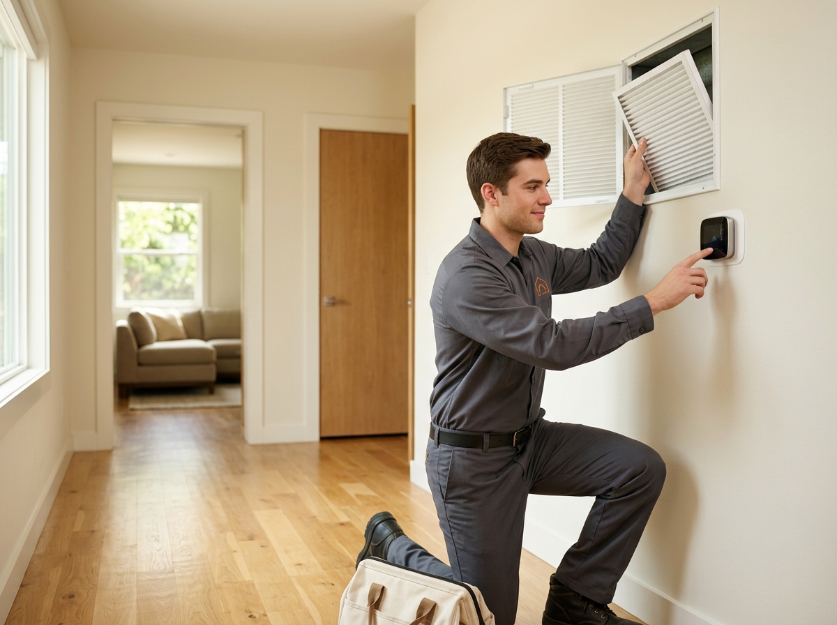 High-end commercial stock photography of a a young technician replacing an air filter and testing a smart thermostat in the hallway of a family home  in . Bright, natural daylight, soft diffused lighting. Modern, clean aesthetic. The subject is wearing a clean plain uniform with no logos. Shot on a DSLR, 50mm lens, shallow depth of field with the background slightly blurred. High resolution, photorealistic, optimistic, professional and trustworthy vibe. Absolutely no text, logos, labels, brand marks, signage, watermarks, license plates, or written words of any kind anywhere in the image. Uniforms, vans, tools, and any background objects must be completely plain and unbranded. Compose the shot with the main focal point positioned slightly to the right of center, leaving negative space on the left side of the frame. Site context: Homefront Home Services, a general home-services company in Austin, Texas (repairs, installations, maintenance plans, emergency service, inspections, remodels). Warm Central-Texas light, ranch and bungalow homes, technicians in charcoal-gray uniforms with a subtle orange logo. Framing: Wide content photo in a rounded panel, object-cover. Single clear subject, center-weighted.