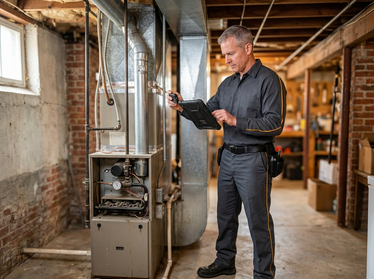 High-end commercial stock photography of a an experienced male inspector in a charcoal-grey keystone uniform photographing and noting the condition of a home system on a tablet in the basement of an older red-brick colonial home  in . Bright, natural daylight, soft diffused lighting. Modern, clean aesthetic. The subject is wearing a clean plain uniform with no logos. Shot on a DSLR, 50mm lens, shallow depth of field with the background slightly blurred. High resolution, photorealistic, optimistic, professional and trustworthy vibe. Absolutely no text, logos, labels, brand marks, signage, watermarks, license plates, or written words of any kind anywhere in the image. Uniforms, vans, tools, and any background objects must be completely plain and unbranded. Compose the shot with the main focal point positioned slightly to the right of center, leaving negative space on the left side of the frame. Site context: Keystone, a credentials-led home-services company in Columbus, Ohio. Midwestern four-season feel, red-brick colonial and Craftsman homes, technicians in charcoal-grey uniforms with an amber accent stripe. Framing: Wide content photo in a rounded panel, object-cover. Single clear subject, center-weighted.
