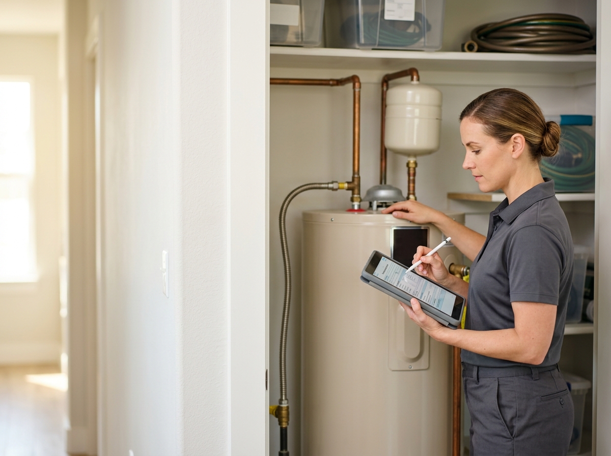 High-end commercial stock photography of a an inspector documenting a water heater's condition on a tablet in a utility closet  in . Bright, natural daylight, soft diffused lighting. Modern, clean aesthetic. The subject is wearing a clean plain uniform with no logos. Shot on a DSLR, 50mm lens, shallow depth of field with the background slightly blurred. High resolution, photorealistic, optimistic, professional and trustworthy vibe. Absolutely no text, logos, labels, brand marks, signage, watermarks, license plates, or written words of any kind anywhere in the image. Uniforms, vans, tools, and any background objects must be completely plain and unbranded. Compose the shot with the main focal point positioned slightly to the right of center, leaving negative space on the left side of the frame. Site context: Homefront Home Services, a general home-services company in Austin, Texas (repairs, installations, maintenance plans, emergency service, inspections, remodels). Warm Central-Texas light, ranch and bungalow homes, technicians in charcoal-gray uniforms with a subtle orange logo. Framing: Alternating side photo, object-cover. Single clear subject, center-weighted.