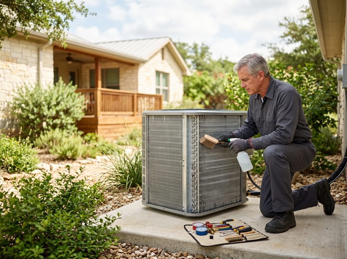 High-end commercial stock photography of a an older technician cleaning coils and inspecting components during a seasonal tune-up beside outdoor equipment  in . Bright, natural daylight, soft diffused lighting. Modern, clean aesthetic. The subject is wearing a clean plain uniform with no logos. Shot on a DSLR, 50mm lens, shallow depth of field with the background slightly blurred. High resolution, photorealistic, optimistic, professional and trustworthy vibe. Absolutely no text, logos, labels, brand marks, signage, watermarks, license plates, or written words of any kind anywhere in the image. Uniforms, vans, tools, and any background objects must be completely plain and unbranded. Compose the shot with the main focal point positioned slightly to the right of center, leaving negative space on the left side of the frame. Site context: Homefront Home Services, a general home-services company in Austin, Texas (repairs, installations, maintenance plans, emergency service, inspections, remodels). Warm Central-Texas light, ranch and bungalow homes, technicians in charcoal-gray uniforms with a subtle orange logo. Framing: Alternating side photo, object-cover. Single clear subject, center-weighted.