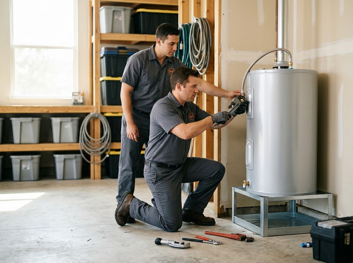 High-end commercial stock photography of a two installers setting a new water heater into place and connecting the supply lines in a garage utility corner  in . Bright, natural daylight, soft diffused lighting. Modern, clean aesthetic. The subject is wearing a clean plain uniform with no logos. Shot on a DSLR, 50mm lens, shallow depth of field with the background slightly blurred. High resolution, photorealistic, optimistic, professional and trustworthy vibe. Absolutely no text, logos, labels, brand marks, signage, watermarks, license plates, or written words of any kind anywhere in the image. Uniforms, vans, tools, and any background objects must be completely plain and unbranded. Compose the shot with the main focal point positioned slightly to the right of center, leaving negative space on the left side of the frame. Site context: Homefront Home Services, a general home-services company in Austin, Texas (repairs, installations, maintenance plans, emergency service, inspections, remodels). Warm Central-Texas light, ranch and bungalow homes, technicians in charcoal-gray uniforms with a subtle orange logo. Framing: Wide content photo in a rounded panel, object-cover. Single clear subject, center-weighted.