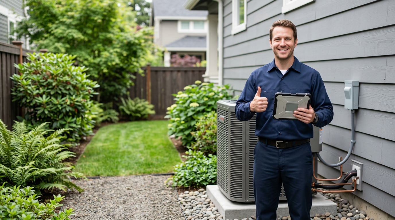 High-end commercial stock photography of a a cheerful technician holding a tablet giving a thumbs up beside a newly installed high-efficiency condenser in the tidy side yard of a suburban home  in . Bright, natural daylight, soft diffused lighting. Modern, clean aesthetic. The subject is wearing a clean plain uniform with no logos. Shot on a DSLR, 50mm lens, shallow depth of field with the background slightly blurred. High resolution, photorealistic, optimistic, professional and trustworthy vibe. Absolutely no text, logos, labels, brand marks, signage, watermarks, license plates, or written words of any kind anywhere in the image. Uniforms, vans, tools, and any background objects must be completely plain and unbranded. Compose the shot with the main focal point positioned slightly to the right of center, leaving negative space on the left side of the frame. Site context: Northwind Heating & Cooling, a family HVAC + plumbing contractor in Portland, Oregon. Pacific-Northwest overcast light, Craftsman and mid-century homes, technicians in navy uniforms.