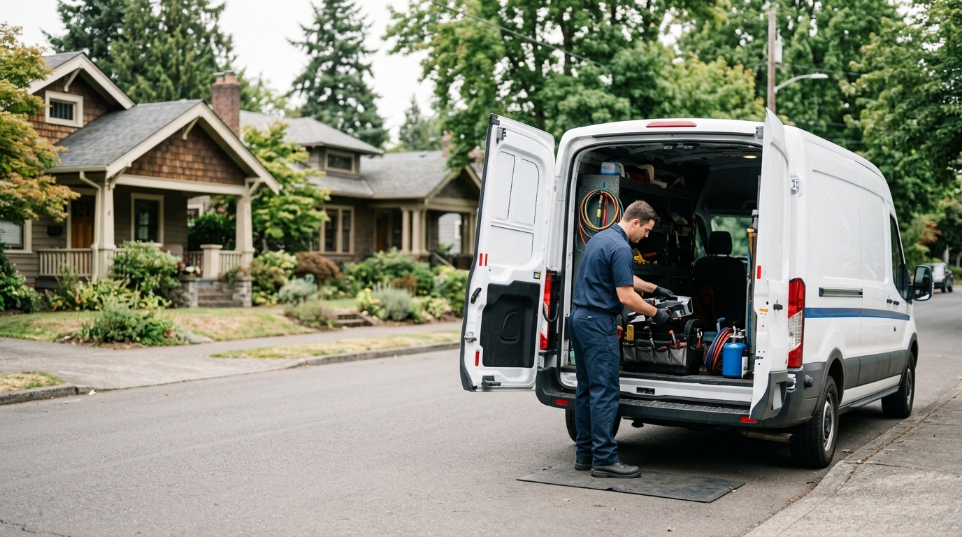 High-end commercial stock photography of a a clean white service van with subtle blue branding parked at the curb while a uniformed technician unloads tools from the open rear doors on a tree-lined residential street of classic portland bungalows  in . Bright, natural daylight, soft diffused lighting. Modern, clean aesthetic. The subject is wearing a clean plain uniform with no logos. Shot on a DSLR, 50mm lens, shallow depth of field with the background slightly blurred. High resolution, photorealistic, optimistic, professional and trustworthy vibe. Absolutely no text, logos, labels, brand marks, signage, watermarks, license plates, or written words of any kind anywhere in the image. Uniforms, vans, tools, and any background objects must be completely plain and unbranded. Compose the shot with the main focal point positioned slightly to the right of center, leaving negative space on the left side of the frame. Site context: Northwind Heating & Cooling, a family HVAC + plumbing contractor in Portland, Oregon. Pacific-Northwest overcast light, Craftsman and mid-century homes, technicians in navy uniforms.