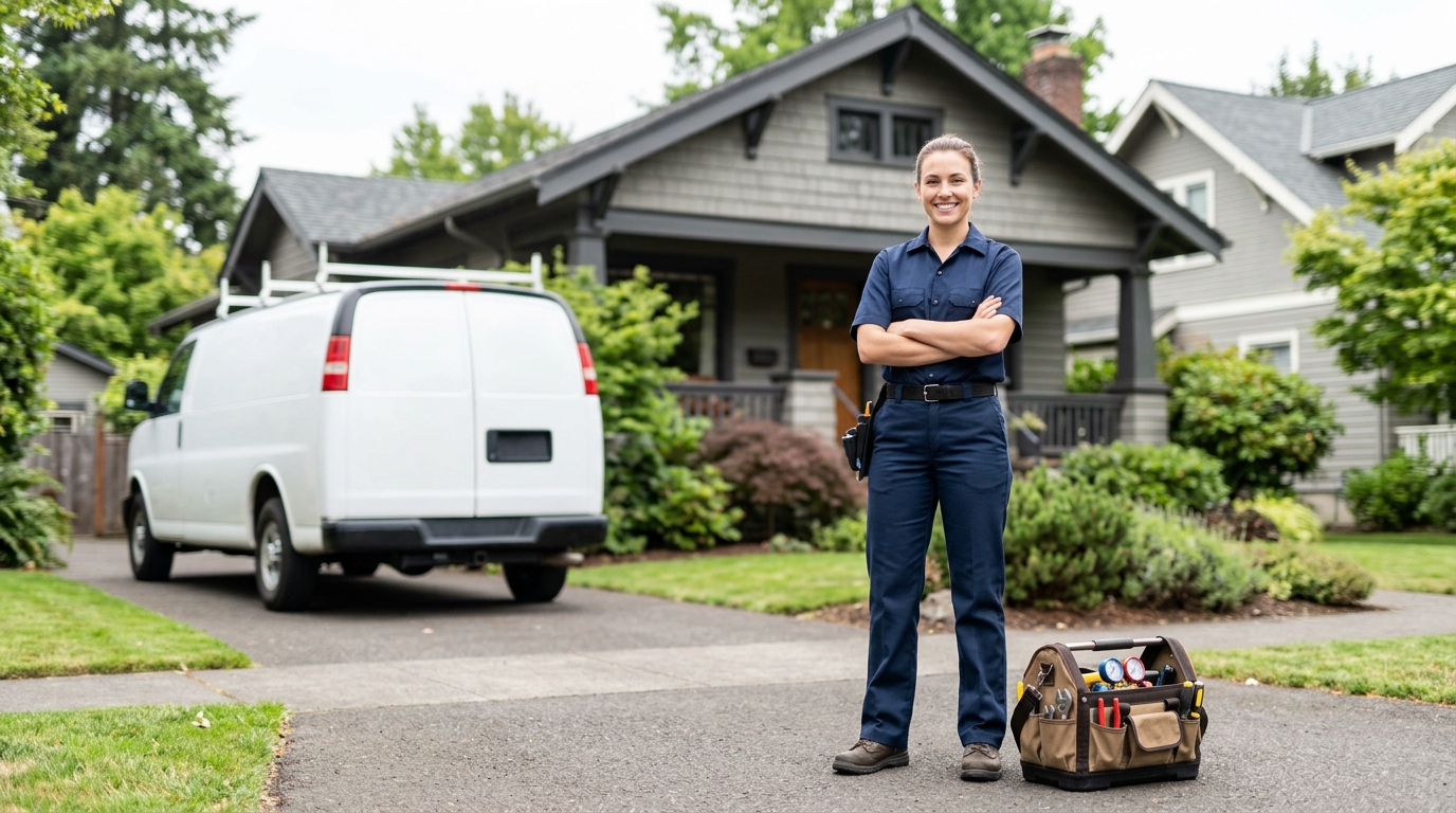 High-end commercial stock photography of a a confident female hvac technician in a navy uniform smiling with arms crossed and a tool bag at her feet standing in a home driveway with a service van softly blurred behind her  in . Bright, natural daylight, soft diffused lighting. Modern, clean aesthetic. The subject is wearing a clean plain uniform with no logos. Shot on a DSLR, 50mm lens, shallow depth of field with the background slightly blurred. High resolution, photorealistic, optimistic, professional and trustworthy vibe. Absolutely no text, logos, labels, brand marks, signage, watermarks, license plates, or written words of any kind anywhere in the image. Uniforms, vans, tools, and any background objects must be completely plain and unbranded. Compose the shot with the main focal point positioned slightly to the right of center, leaving negative space on the left side of the frame. Site context: Northwind Heating & Cooling, a family HVAC + plumbing contractor in Portland, Oregon. Pacific-Northwest overcast light, Craftsman and mid-century homes, technicians in navy uniforms.