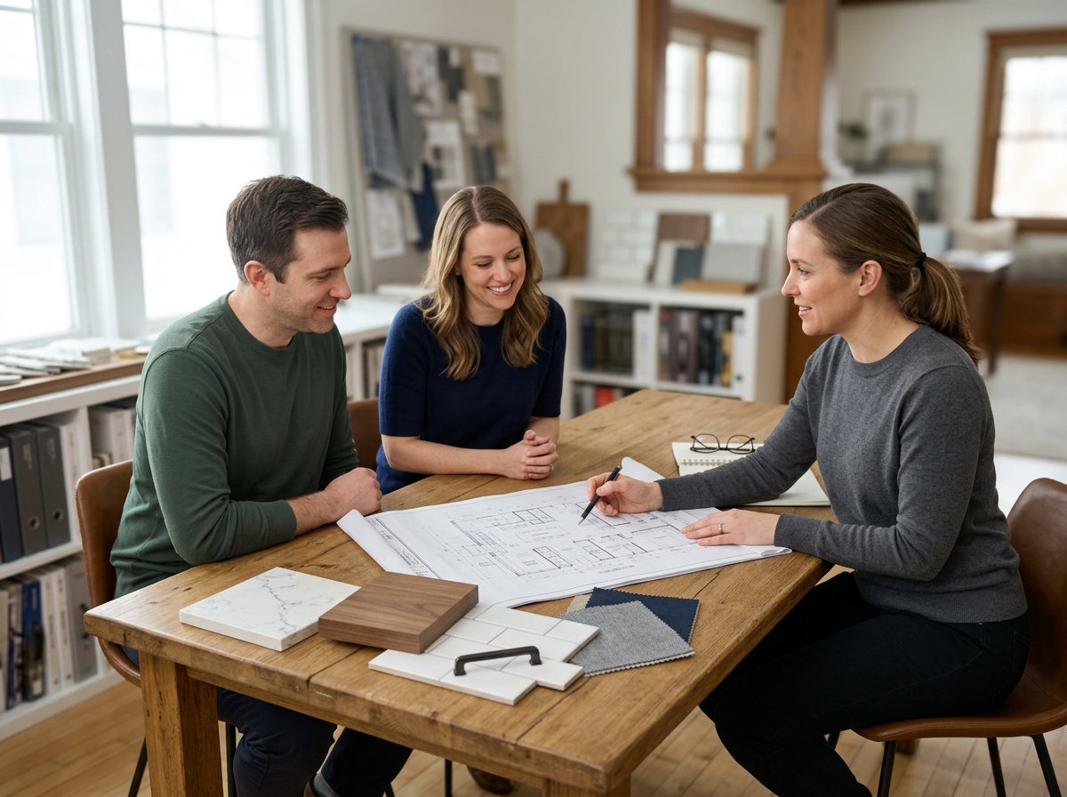 High-end commercial stock photography of a a designer and homeowners reviewing a detailed remodel plan and material samples at a studio table  in . Bright, natural daylight, soft diffused lighting. Modern, clean aesthetic. The subject is wearing a clean plain uniform with no logos. Shot on a DSLR, 50mm lens, shallow depth of field with the background slightly blurred. High resolution, photorealistic, optimistic, professional and trustworthy vibe. Absolutely no text, logos, labels, brand marks, signage, watermarks, license plates, or written words of any kind anywhere in the image. Uniforms, vans, tools, and any background objects must be completely plain and unbranded. Compose the shot with the main focal point positioned slightly to the right of center, leaving negative space on the left side of the frame. Site context: Meridian Design + Remodel, a residential remodeling studio in Minneapolis, Minnesota (kitchens, baths, whole-home). Soft north-light interiors, craftsman and mid-century homes, carpenters in olive work jackets with a subtle walnut logo. Framing: Alternating side photo, object-cover. Single clear subject, center-weighted.