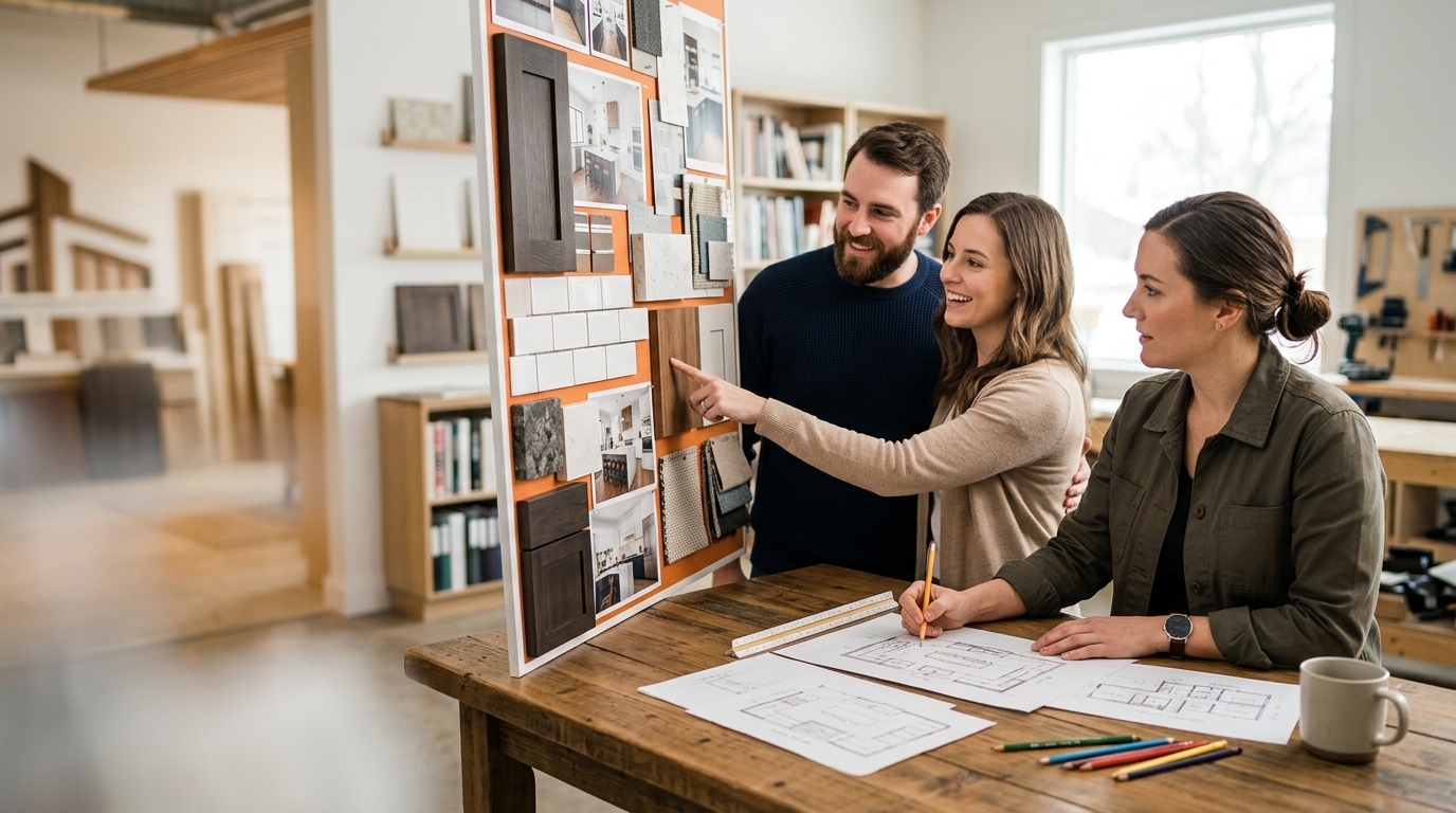 High-end commercial stock photography of a a designer sketching a kitchen layout on paper while homeowners point at an inspiration board in a bright studio  in . Bright, natural daylight, soft diffused lighting. Modern, clean aesthetic. The subject is wearing a clean plain uniform with no logos. Shot on a DSLR, 50mm lens, shallow depth of field with the background slightly blurred. High resolution, photorealistic, optimistic, professional and trustworthy vibe. Absolutely no text, logos, labels, brand marks, signage, watermarks, license plates, or written words of any kind anywhere in the image. Uniforms, vans, tools, and any background objects must be completely plain and unbranded. Compose the shot with the main focal point positioned slightly to the right of center, leaving negative space on the left side of the frame. Site context: Meridian Design + Remodel, a residential remodeling studio in Minneapolis, Minnesota (kitchens, baths, whole-home). Soft north-light interiors, craftsman and mid-century homes, carpenters in olive work jackets with a subtle walnut logo.
