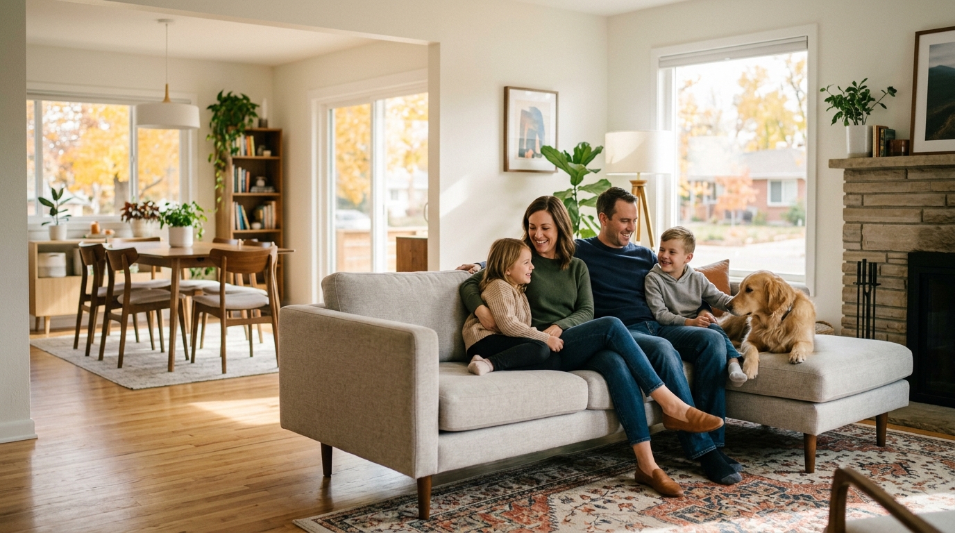 High-end commercial stock photography of a a family relaxing in a warm, sunlit living room of a ranch home on an autumn afternoon  in . Bright, natural daylight, soft diffused lighting. Modern, clean aesthetic. The subject is wearing a clean plain uniform with no logos. Shot on a DSLR, 50mm lens, shallow depth of field with the background slightly blurred. High resolution, photorealistic, optimistic, professional and trustworthy vibe. Absolutely no text, logos, labels, brand marks, signage, watermarks, license plates, or written words of any kind anywhere in the image. Uniforms, vans, tools, and any background objects must be completely plain and unbranded. Compose the shot with the main focal point positioned slightly to the right of center, leaving negative space on the left side of the frame. Site context: Beacon Home Comfort, a home-comfort tune-up company in Denver, Colorado (heating, cooling, water and air systems). Crisp Colorado front-range light, brick bungalows and ranch homes, technicians in navy uniforms with a subtle amber logo.