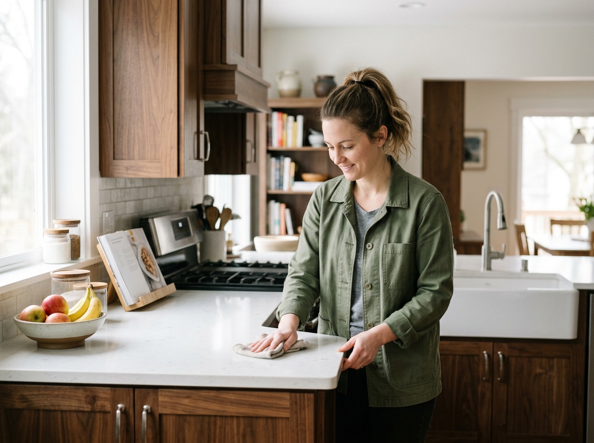 High-end commercial stock photography of a a finished craftsman kitchen with walnut cabinetry and soft north light, styled with everyday family objects  in . Bright, natural daylight, soft diffused lighting. Modern, clean aesthetic. The subject is wearing a clean plain uniform with no logos. Shot on a DSLR, 50mm lens, shallow depth of field with the background slightly blurred. High resolution, photorealistic, optimistic, professional and trustworthy vibe. Absolutely no text, logos, labels, brand marks, signage, watermarks, license plates, or written words of any kind anywhere in the image. Uniforms, vans, tools, and any background objects must be completely plain and unbranded. Compose the shot with the main focal point positioned slightly to the right of center, leaving negative space on the left side of the frame. Site context: Meridian Design + Remodel, a residential remodeling studio in Minneapolis, Minnesota (kitchens, baths, whole-home). Soft north-light interiors, craftsman and mid-century homes, carpenters in olive work jackets with a subtle walnut logo. Framing: Alternating side photo, object-cover. Single clear subject, center-weighted.