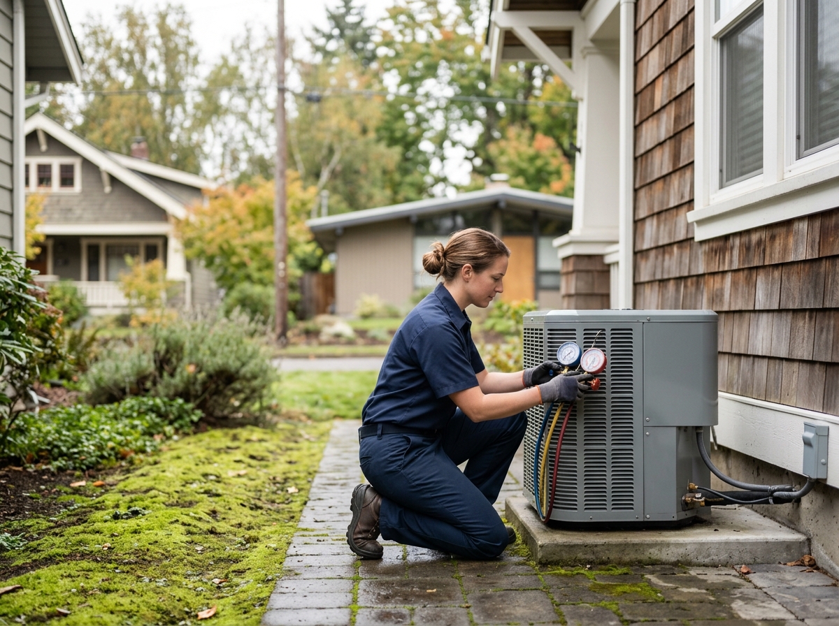 High-end commercial stock photography of a a friendly hvac technician in a navy uniform kneeling beside an outdoor heat-pump unit while reading refrigerant gauges in the side yard of a portland craftsman home on an overcast afternoon  in . Bright, natural daylight, soft diffused lighting. Modern, clean aesthetic. The subject is wearing a clean plain uniform with no logos. Shot on a DSLR, 50mm lens, shallow depth of field with the background slightly blurred. High resolution, photorealistic, optimistic, professional and trustworthy vibe. Absolutely no text, logos, labels, brand marks, signage, watermarks, license plates, or written words of any kind anywhere in the image. Uniforms, vans, tools, and any background objects must be completely plain and unbranded. Compose the shot with the main focal point positioned slightly to the right of center, leaving negative space on the left side of the frame. Site context: Northwind Heating & Cooling, a family HVAC + plumbing contractor in Portland, Oregon. Pacific-Northwest overcast light, Craftsman and mid-century homes, technicians in navy uniforms. Framing: Split-hero photo panel on the right; a review card overlays the lower-left of the photo. Single clear subject, weighted upper-right.