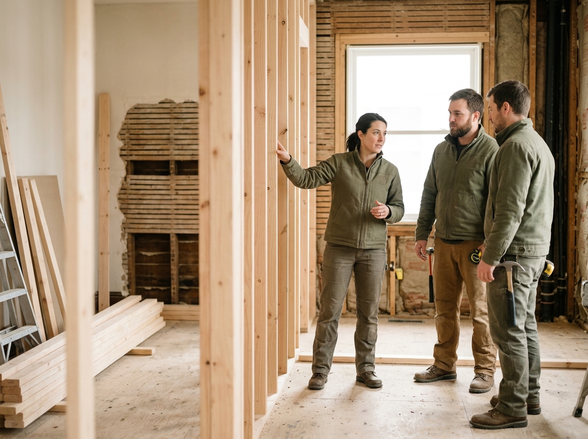 High-end commercial stock photography of a a project lead in an olive work jacket walking two carpenters through the framing of a kitchen mid-remodel  in . Bright, natural daylight, soft diffused lighting. Modern, clean aesthetic. The subject is wearing a clean plain uniform with no logos. Shot on a DSLR, 50mm lens, shallow depth of field with the background slightly blurred. High resolution, photorealistic, optimistic, professional and trustworthy vibe. Absolutely no text, logos, labels, brand marks, signage, watermarks, license plates, or written words of any kind anywhere in the image. Uniforms, vans, tools, and any background objects must be completely plain and unbranded. Compose the shot with the main focal point positioned slightly to the right of center, leaving negative space on the left side of the frame. Site context: Meridian Design + Remodel, a residential remodeling studio in Minneapolis, Minnesota (kitchens, baths, whole-home). Soft north-light interiors, craftsman and mid-century homes, carpenters in olive work jackets with a subtle walnut logo. Framing: Alternating side photo, object-cover. Single clear subject, center-weighted.