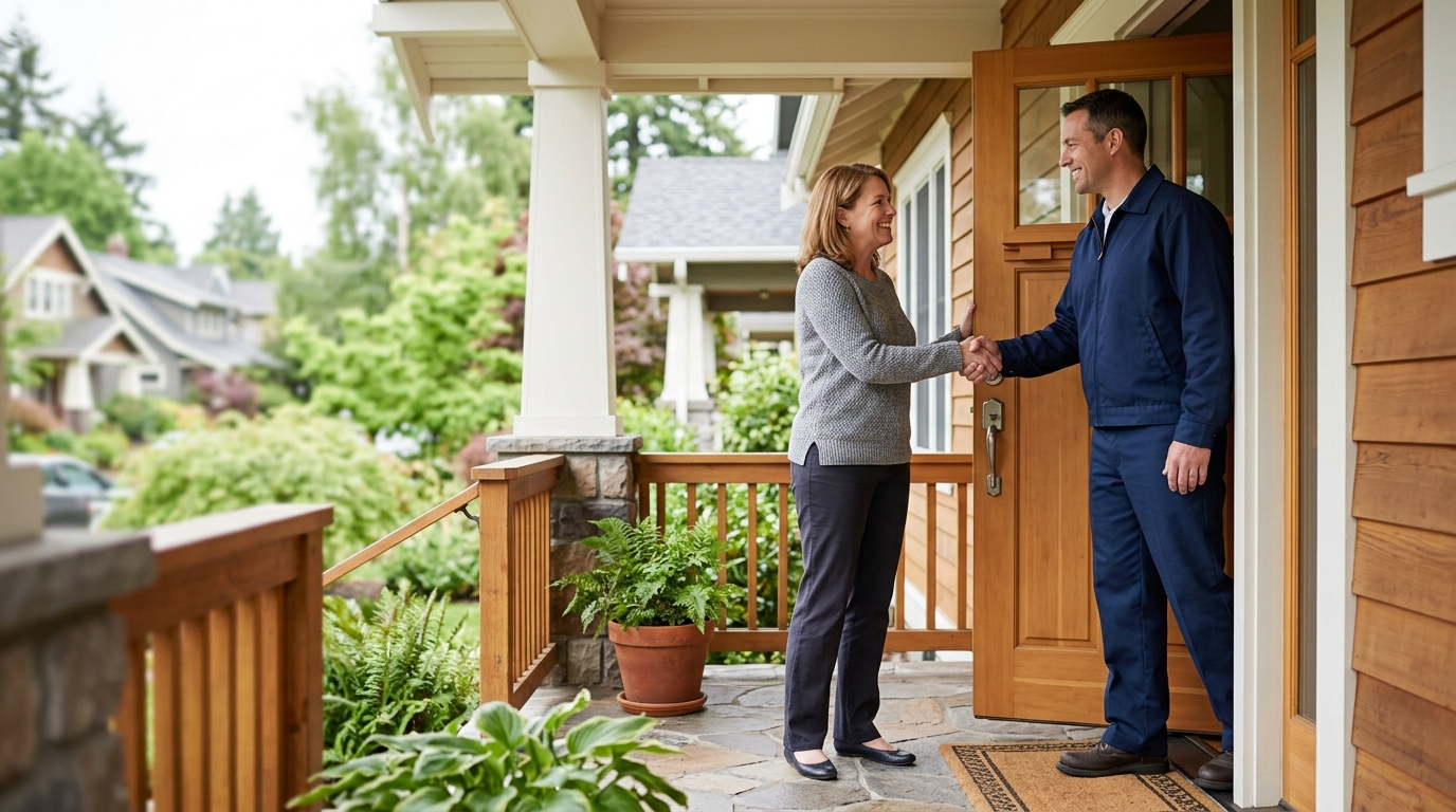 High-end commercial stock photography of a a satisfied middle-aged homeowner shaking hands warmly with a uniformed technician at the front door on the covered porch of a portland home  in . Bright, natural daylight, soft diffused lighting. Modern, clean aesthetic. The subject is wearing a clean plain uniform with no logos. Shot on a DSLR, 50mm lens, shallow depth of field with the background slightly blurred. High resolution, photorealistic, optimistic, professional and trustworthy vibe. Absolutely no text, logos, labels, brand marks, signage, watermarks, license plates, or written words of any kind anywhere in the image. Uniforms, vans, tools, and any background objects must be completely plain and unbranded. Compose the shot with the main focal point positioned slightly to the right of center, leaving negative space on the left side of the frame. Site context: Northwind Heating & Cooling, a family HVAC + plumbing contractor in Portland, Oregon. Pacific-Northwest overcast light, Craftsman and mid-century homes, technicians in navy uniforms.