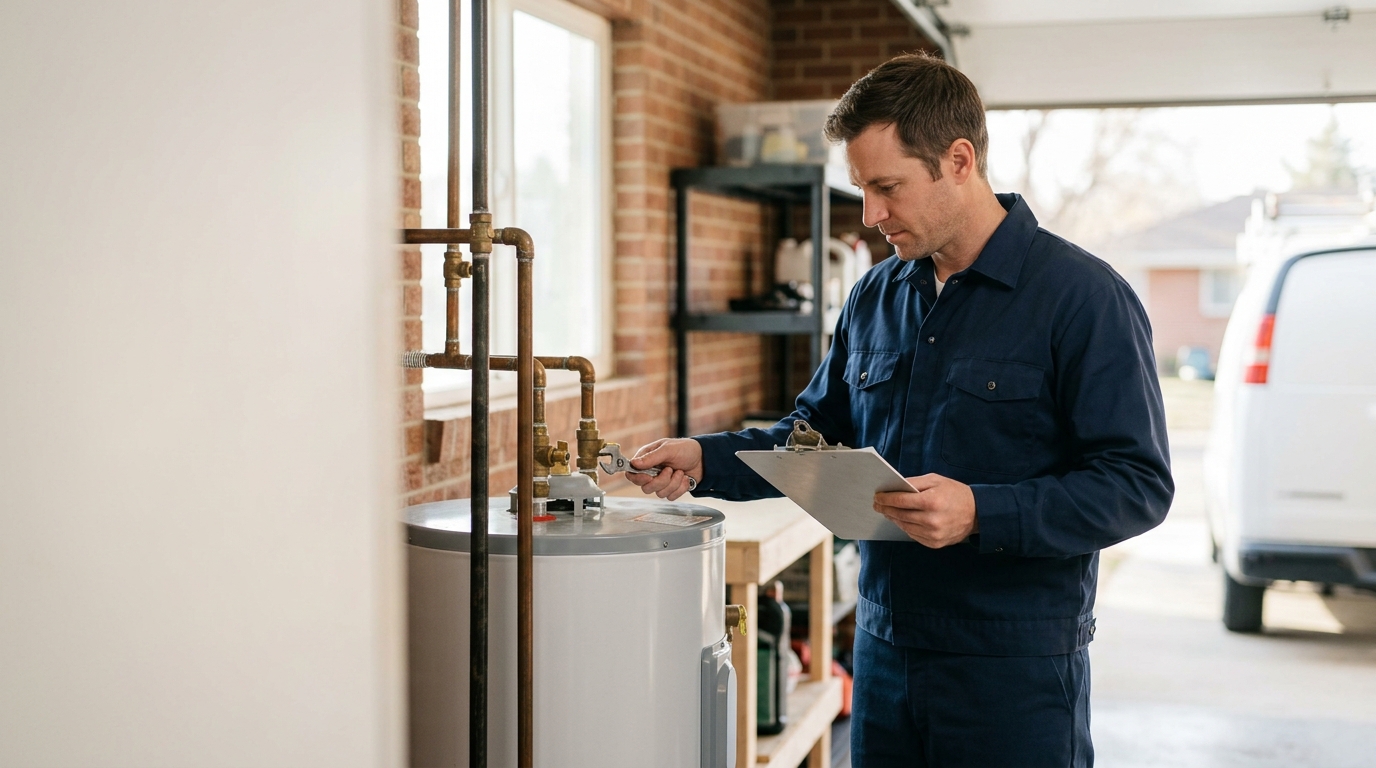High-end commercial stock photography of a a technician checking the valves on a water heater with a clipboard in a garage utility corner  in . Bright, natural daylight, soft diffused lighting. Modern, clean aesthetic. The subject is wearing a clean plain uniform with no logos. Shot on a DSLR, 50mm lens, shallow depth of field with the background slightly blurred. High resolution, photorealistic, optimistic, professional and trustworthy vibe. Absolutely no text, logos, labels, brand marks, signage, watermarks, license plates, or written words of any kind anywhere in the image. Uniforms, vans, tools, and any background objects must be completely plain and unbranded. Compose the shot with the main focal point positioned slightly to the right of center, leaving negative space on the left side of the frame. Site context: Beacon Home Comfort, a home-comfort tune-up company in Denver, Colorado (heating, cooling, water and air systems). Crisp Colorado front-range light, brick bungalows and ranch homes, technicians in navy uniforms with a subtle amber logo.