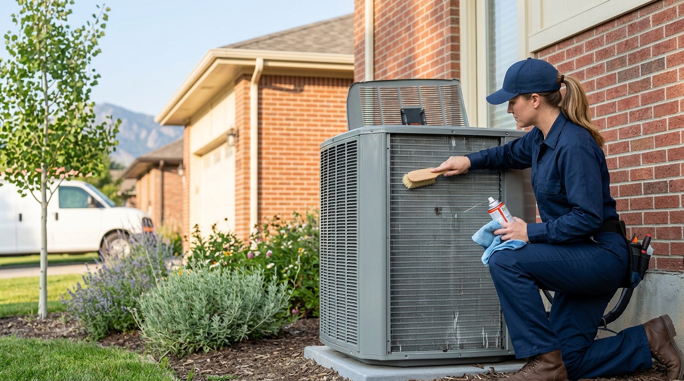 High-end commercial stock photography of a a technician cleaning the coils of an outdoor condenser unit beside a brick bungalow in crisp morning light  in . Bright, natural daylight, soft diffused lighting. Modern, clean aesthetic. The subject is wearing a clean plain uniform with no logos. Shot on a DSLR, 50mm lens, shallow depth of field with the background slightly blurred. High resolution, photorealistic, optimistic, professional and trustworthy vibe. Absolutely no text, logos, labels, brand marks, signage, watermarks, license plates, or written words of any kind anywhere in the image. Uniforms, vans, tools, and any background objects must be completely plain and unbranded. Compose the shot with the main focal point positioned slightly to the right of center, leaving negative space on the left side of the frame. Site context: Beacon Home Comfort, a home-comfort tune-up company in Denver, Colorado (heating, cooling, water and air systems). Crisp Colorado front-range light, brick bungalows and ranch homes, technicians in navy uniforms with a subtle amber logo.