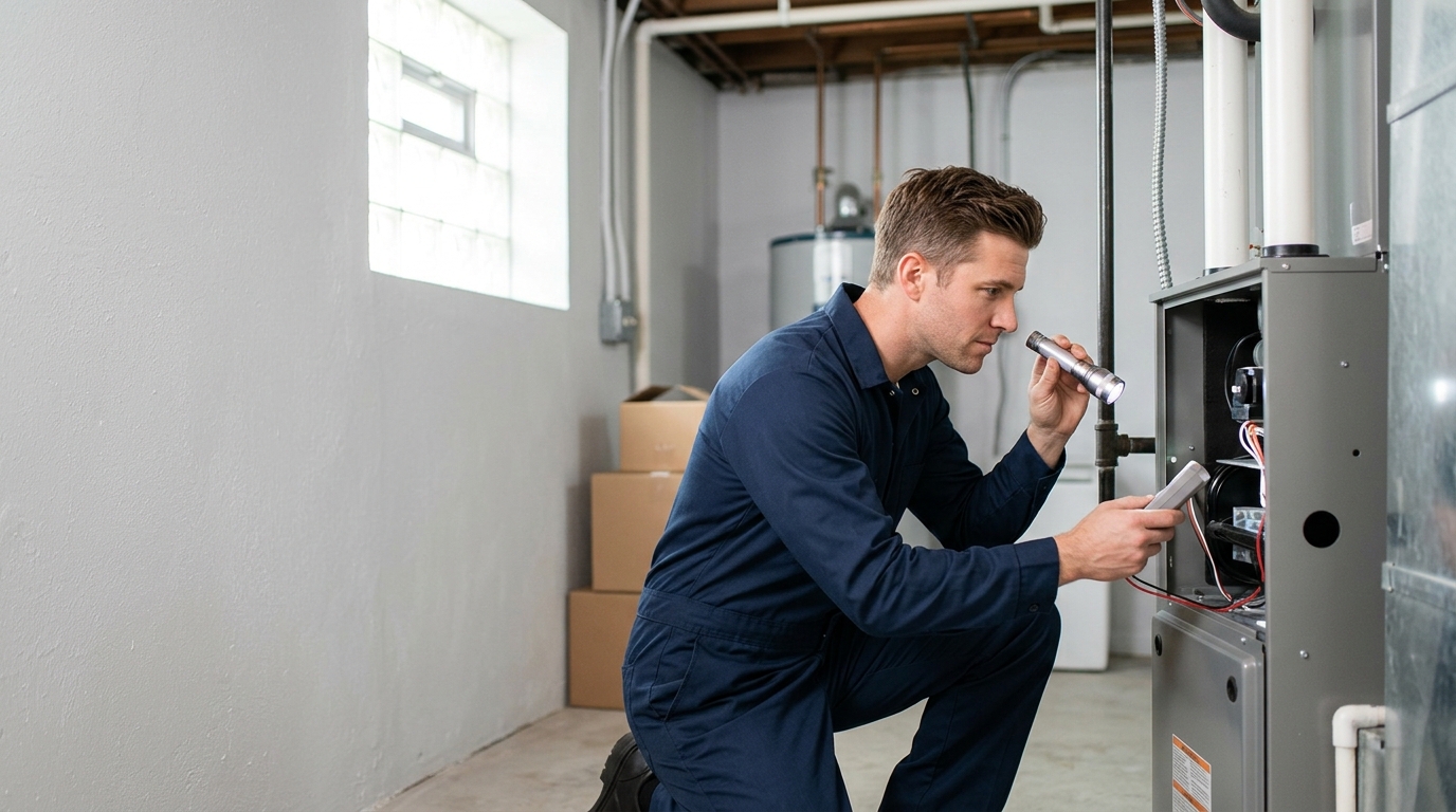 High-end commercial stock photography of a a technician in a navy uniform kneeling at an open furnace with a flashlight in a tidy basement  in . Bright, natural daylight, soft diffused lighting. Modern, clean aesthetic. The subject is wearing a clean plain uniform with no logos. Shot on a DSLR, 50mm lens, shallow depth of field with the background slightly blurred. High resolution, photorealistic, optimistic, professional and trustworthy vibe. Absolutely no text, logos, labels, brand marks, signage, watermarks, license plates, or written words of any kind anywhere in the image. Uniforms, vans, tools, and any background objects must be completely plain and unbranded. Compose the shot with the main focal point positioned slightly to the right of center, leaving negative space on the left side of the frame. Site context: Beacon Home Comfort, a home-comfort tune-up company in Denver, Colorado (heating, cooling, water and air systems). Crisp Colorado front-range light, brick bungalows and ranch homes, technicians in navy uniforms with a subtle amber logo.