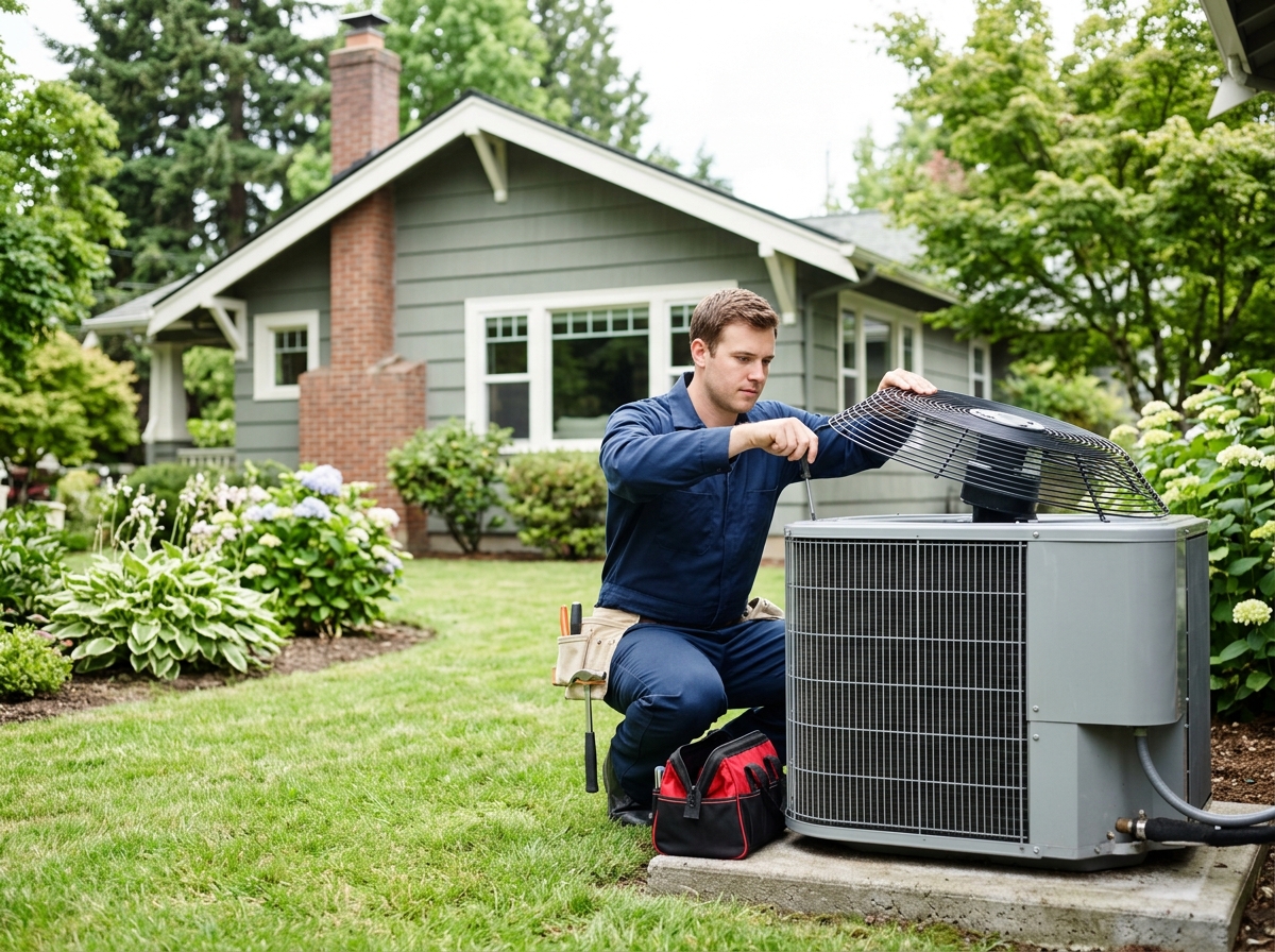 High-end commercial stock photography of a a technician in a navy uniform removing the top fan grille of an outdoor ac condenser to service it beside a well-kept portland home on a summer afternoon  in . Bright, natural daylight, soft diffused lighting. Modern, clean aesthetic. The subject is wearing a clean plain uniform with no logos. Shot on a DSLR, 50mm lens, shallow depth of field with the background slightly blurred. High resolution, photorealistic, optimistic, professional and trustworthy vibe. Absolutely no text, logos, labels, brand marks, signage, watermarks, license plates, or written words of any kind anywhere in the image. Uniforms, vans, tools, and any background objects must be completely plain and unbranded. Compose the shot with the main focal point positioned slightly to the right of center, leaving negative space on the left side of the frame. Site context: Northwind Heating & Cooling, a family HVAC + plumbing contractor in Portland, Oregon. Pacific-Northwest overcast light, Craftsman and mid-century homes, technicians in navy uniforms. Framing: Wide content photo in a rounded panel, object-cover. Single clear subject, center-weighted.