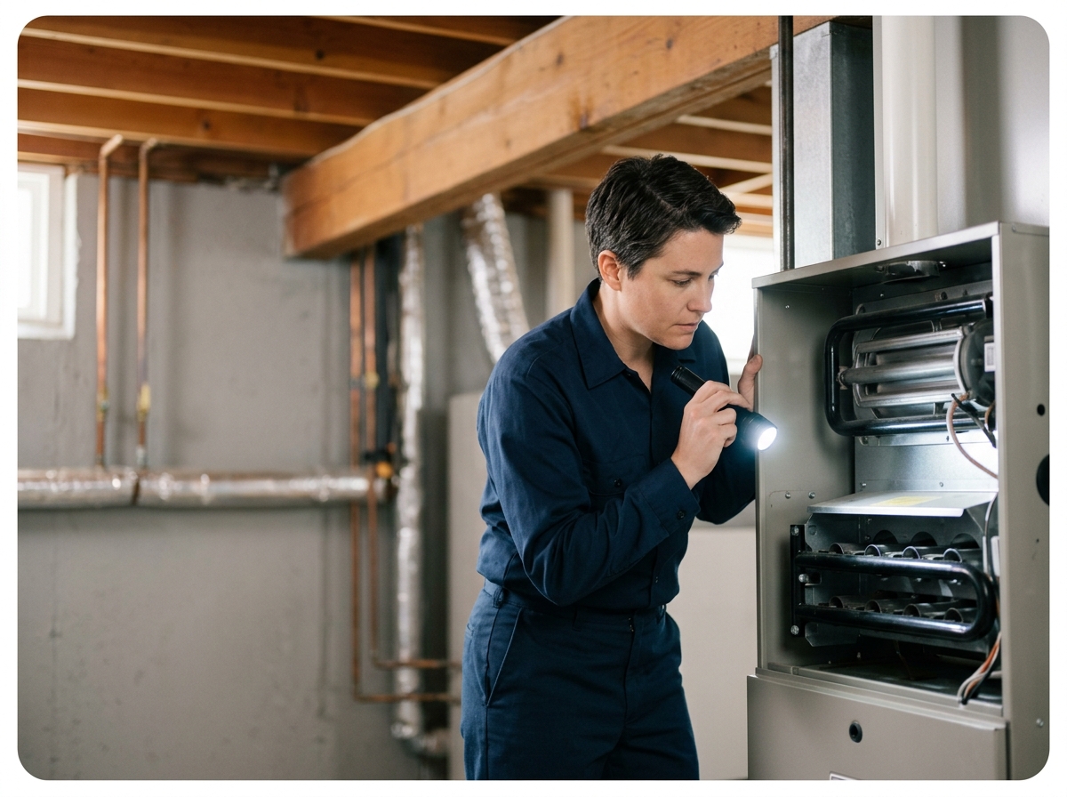 High-end commercial stock photography of a a technician inspecting the burners of an open gas furnace with a flashlight in a residential basement mechanical room  in . Bright, natural daylight, soft diffused lighting. Modern, clean aesthetic. The subject is wearing a clean plain uniform with no logos. Shot on a DSLR, 50mm lens, shallow depth of field with the background slightly blurred. High resolution, photorealistic, optimistic, professional and trustworthy vibe. Absolutely no text, logos, labels, brand marks, signage, watermarks, license plates, or written words of any kind anywhere in the image. Uniforms, vans, tools, and any background objects must be completely plain and unbranded. Compose the shot with the main focal point positioned slightly to the right of center, leaving negative space on the left side of the frame. Site context: Northwind Heating & Cooling, a family HVAC + plumbing contractor in Portland, Oregon. Pacific-Northwest overcast light, Craftsman and mid-century homes, technicians in navy uniforms. Framing: Wide content photo in a rounded panel, object-cover. Single clear subject, center-weighted.