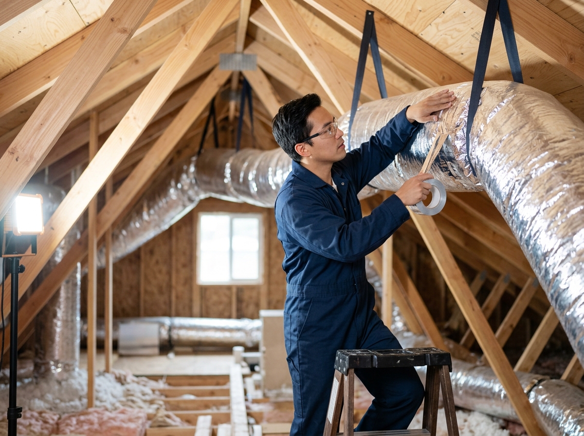 High-end commercial stock photography of a a technician sealing and taping insulated flexible ductwork overhead in a residential attic lit by a work light  in . Bright, natural daylight, soft diffused lighting. Modern, clean aesthetic. The subject is wearing a clean plain uniform with no logos. Shot on a DSLR, 50mm lens, shallow depth of field with the background slightly blurred. High resolution, photorealistic, optimistic, professional and trustworthy vibe. Absolutely no text, logos, labels, brand marks, signage, watermarks, license plates, or written words of any kind anywhere in the image. Uniforms, vans, tools, and any background objects must be completely plain and unbranded. Compose the shot with the main focal point positioned slightly to the right of center, leaving negative space on the left side of the frame. Site context: Northwind Heating & Cooling, a family HVAC + plumbing contractor in Portland, Oregon. Pacific-Northwest overcast light, Craftsman and mid-century homes, technicians in navy uniforms. Framing: Wide content photo in a rounded panel, object-cover. Single clear subject, center-weighted.