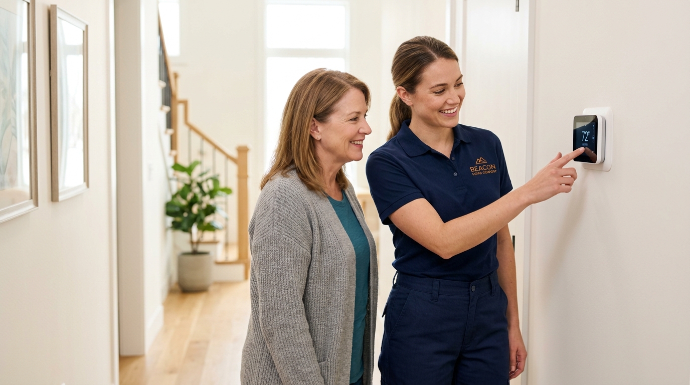 High-end commercial stock photography of a a technician showing a homeowner readings on a smart thermostat in a bright hallway  in . Bright, natural daylight, soft diffused lighting. Modern, clean aesthetic. The subject is wearing a clean plain uniform with no logos. Shot on a DSLR, 50mm lens, shallow depth of field with the background slightly blurred. High resolution, photorealistic, optimistic, professional and trustworthy vibe. Absolutely no text, logos, labels, brand marks, signage, watermarks, license plates, or written words of any kind anywhere in the image. Uniforms, vans, tools, and any background objects must be completely plain and unbranded. Compose the shot with the main focal point positioned slightly to the right of center, leaving negative space on the left side of the frame. Site context: Beacon Home Comfort, a home-comfort tune-up company in Denver, Colorado (heating, cooling, water and air systems). Crisp Colorado front-range light, brick bungalows and ranch homes, technicians in navy uniforms with a subtle amber logo.