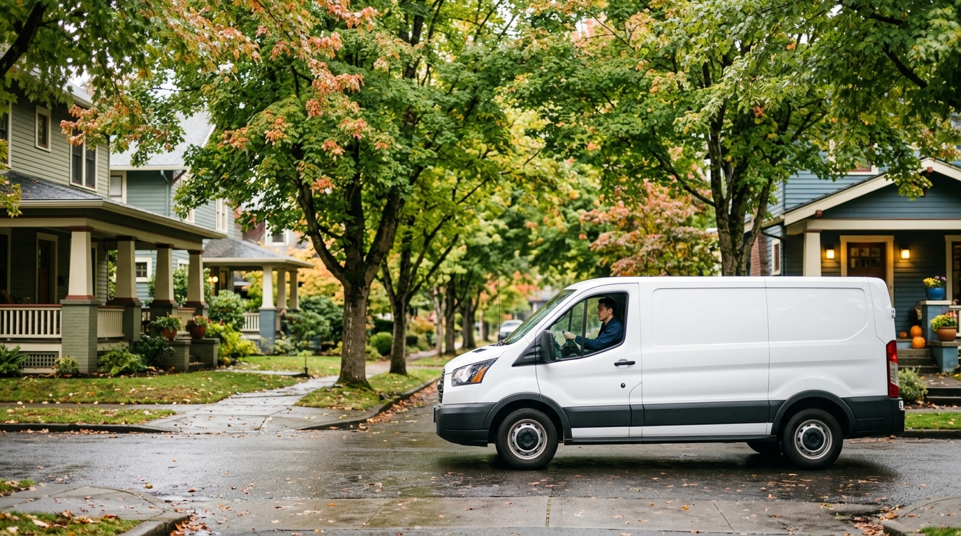 High-end commercial stock photography of a a white service van driving slowly through a leafy neighborhood on a service call past craftsman porches and maple trees on a damp portland morning  in . Bright, natural daylight, soft diffused lighting. Modern, clean aesthetic. The subject is wearing a clean plain uniform with no logos. Shot on a DSLR, 50mm lens, shallow depth of field with the background slightly blurred. High resolution, photorealistic, optimistic, professional and trustworthy vibe. Absolutely no text, logos, labels, brand marks, signage, watermarks, license plates, or written words of any kind anywhere in the image. Uniforms, vans, tools, and any background objects must be completely plain and unbranded. Compose the shot with the main focal point positioned slightly to the right of center, leaving negative space on the left side of the frame. Site context: Northwind Heating & Cooling, a family HVAC + plumbing contractor in Portland, Oregon. Pacific-Northwest overcast light, Craftsman and mid-century homes, technicians in navy uniforms.