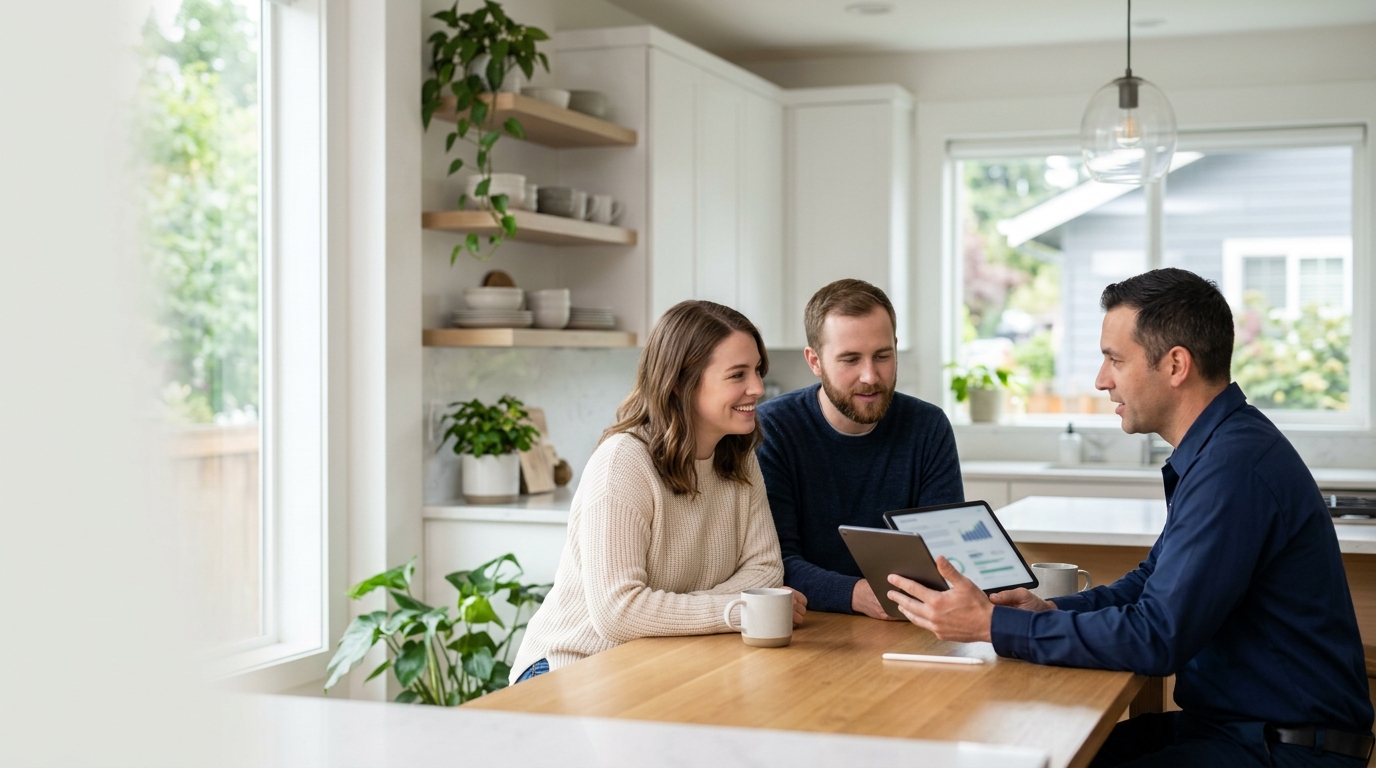 High-end commercial stock photography of a a young homeowner couple reviewing a financing plan on a tablet with a seated technician at a bright kitchen table in a modern portland home  in . Bright, natural daylight, soft diffused lighting. Modern, clean aesthetic. The subject is wearing a clean plain uniform with no logos. Shot on a DSLR, 50mm lens, shallow depth of field with the background slightly blurred. High resolution, photorealistic, optimistic, professional and trustworthy vibe. Absolutely no text, logos, labels, brand marks, signage, watermarks, license plates, or written words of any kind anywhere in the image. Uniforms, vans, tools, and any background objects must be completely plain and unbranded. Compose the shot with the main focal point positioned slightly to the right of center, leaving negative space on the left side of the frame. Site context: Northwind Heating & Cooling, a family HVAC + plumbing contractor in Portland, Oregon. Pacific-Northwest overcast light, Craftsman and mid-century homes, technicians in navy uniforms.