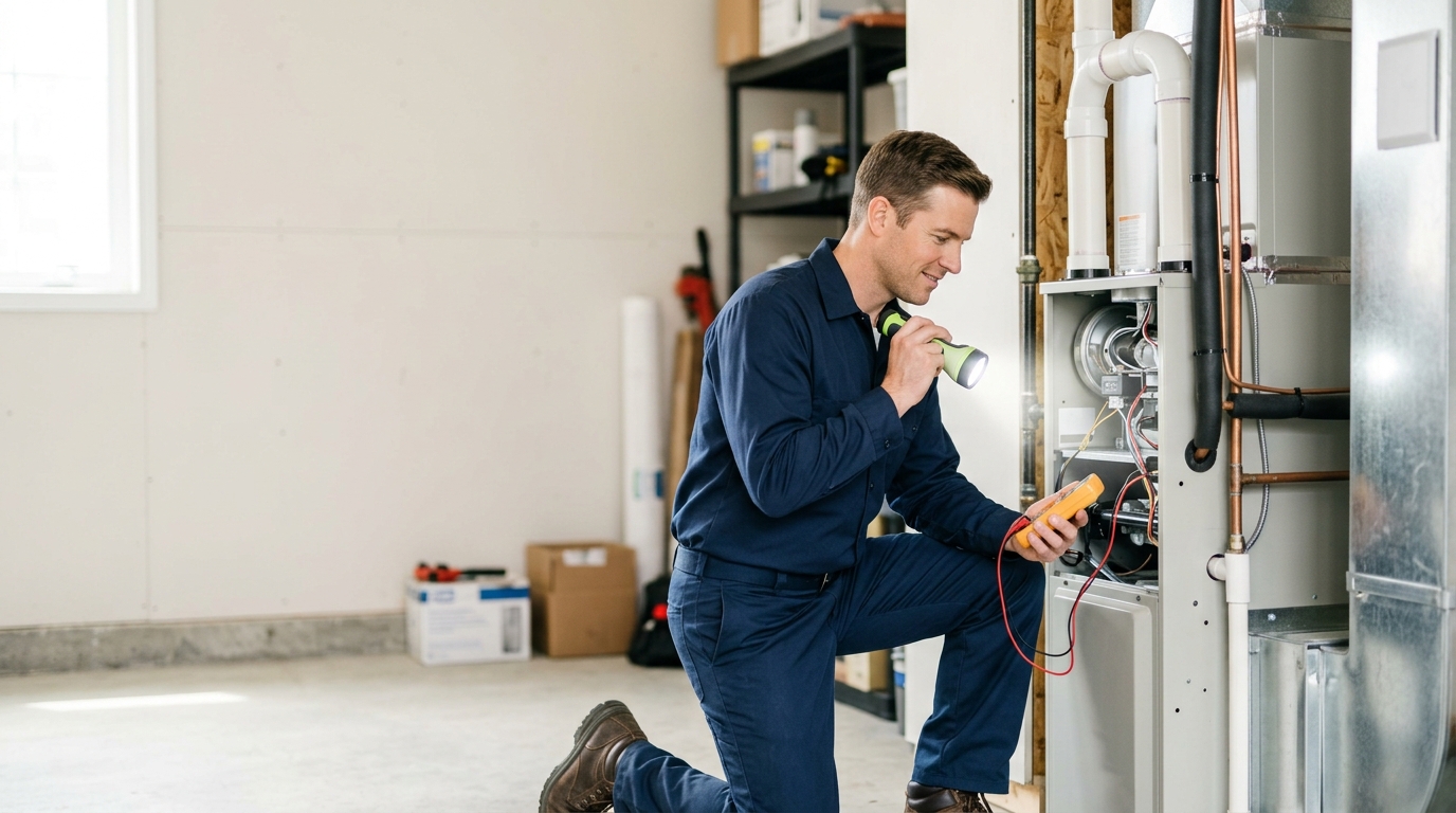 High-end commercial stock photography of a an hvac technician in a navy uniform servicing a high-efficiency gas furnace with a flashlight and meter in a clean residential garage utility area  in . Bright, natural daylight, soft diffused lighting. Modern, clean aesthetic. The subject is wearing a clean plain uniform with no logos. Shot on a DSLR, 50mm lens, shallow depth of field with the background slightly blurred. High resolution, photorealistic, optimistic, professional and trustworthy vibe. Absolutely no text, logos, labels, brand marks, signage, watermarks, license plates, or written words of any kind anywhere in the image. Uniforms, vans, tools, and any background objects must be completely plain and unbranded. Compose the shot with the main focal point positioned slightly to the right of center, leaving negative space on the left side of the frame. Site context: Northwind Heating & Cooling, a family HVAC + plumbing contractor in Portland, Oregon. Pacific-Northwest overcast light, Craftsman and mid-century homes, technicians in navy uniforms.